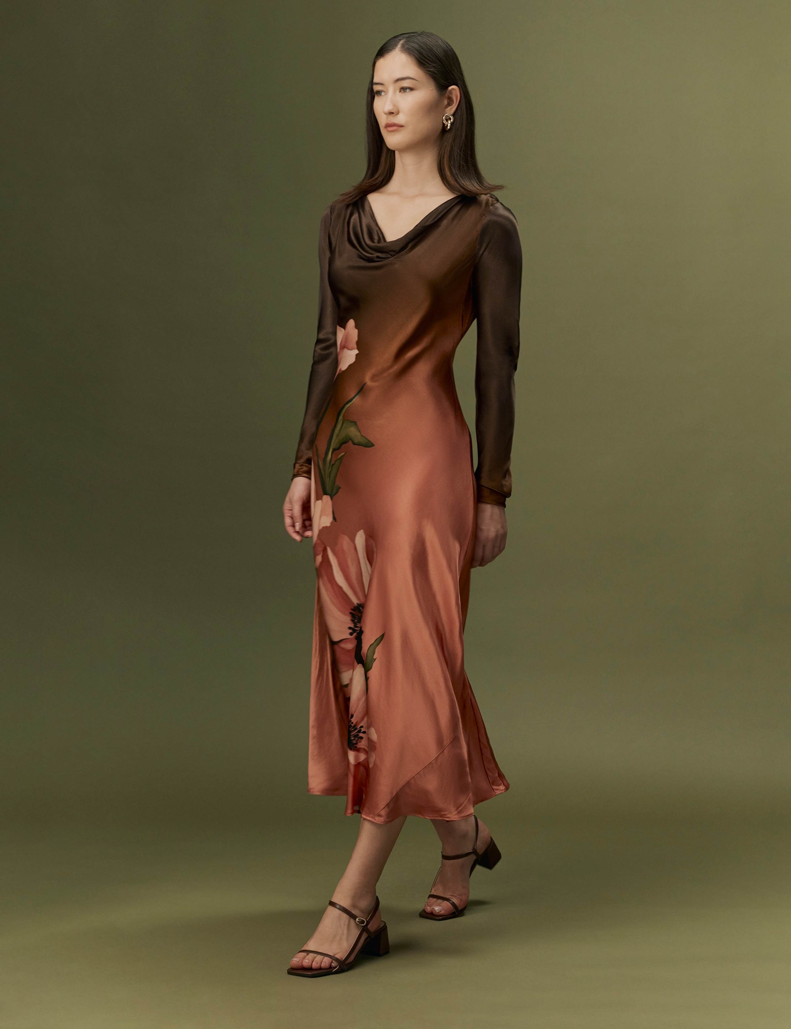 Satin Floral Cowl Neck Midi Waisted Dress 9 of 10
