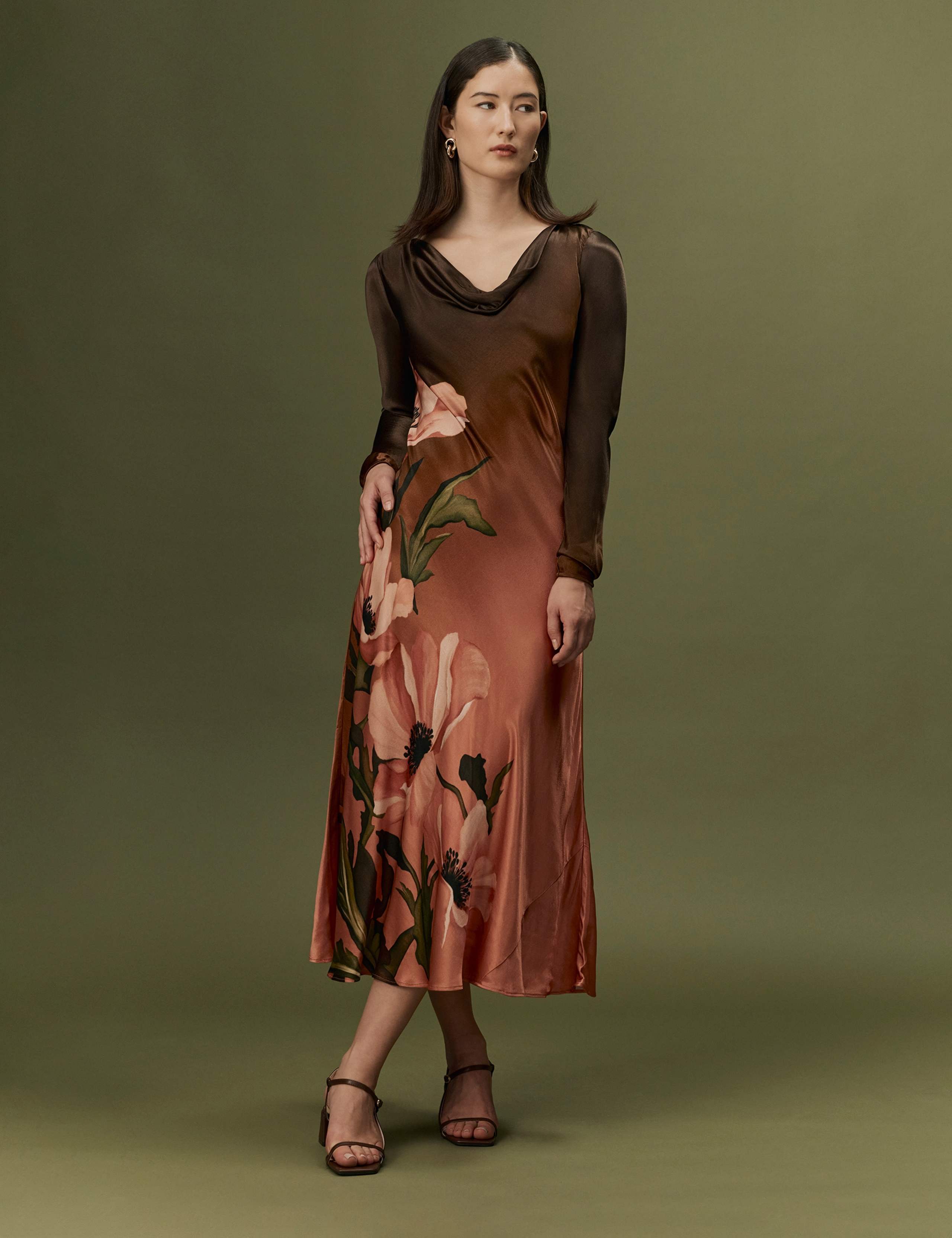 Satin Floral Cowl Neck Midi Waisted Dress 10 of 10