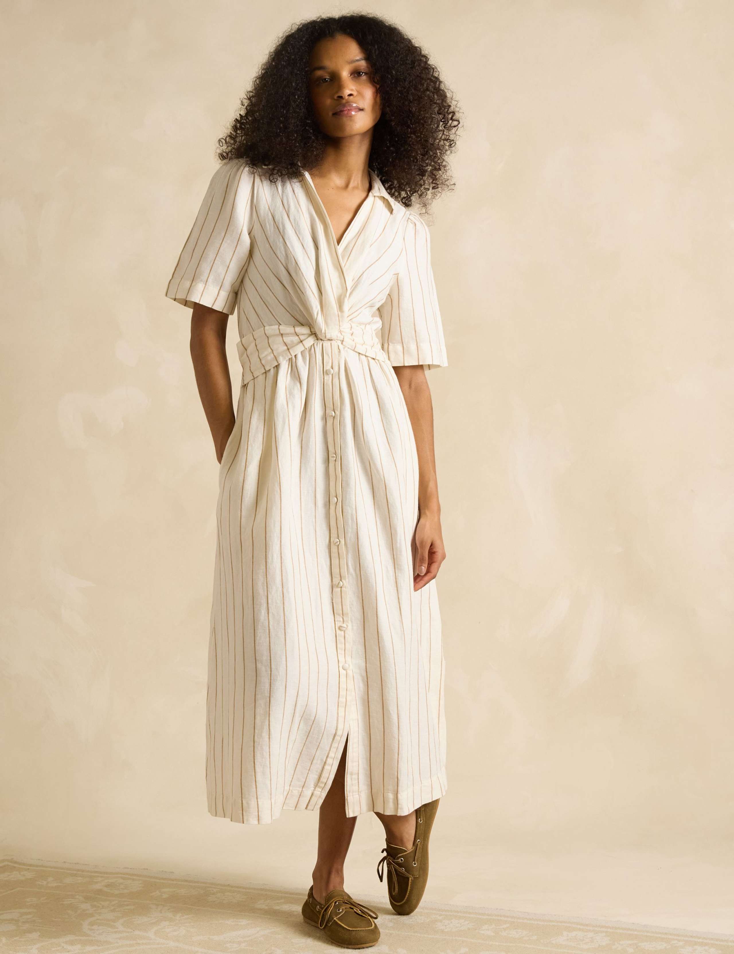 Linen Rich Striped V-Neck Twist Front Midaxi Shirt Dress 3 of 6