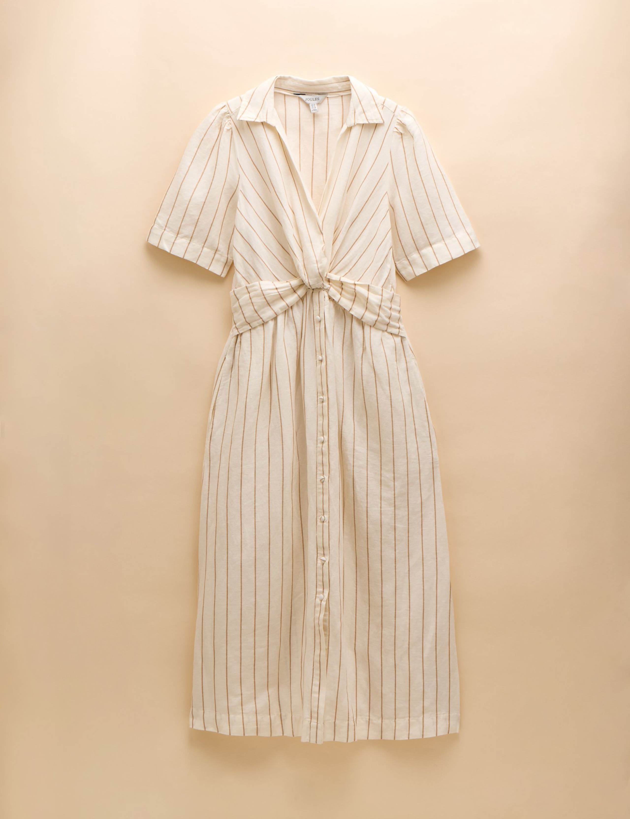Linen Rich Striped V-Neck Twist Front Midaxi Shirt Dress 2 of 6