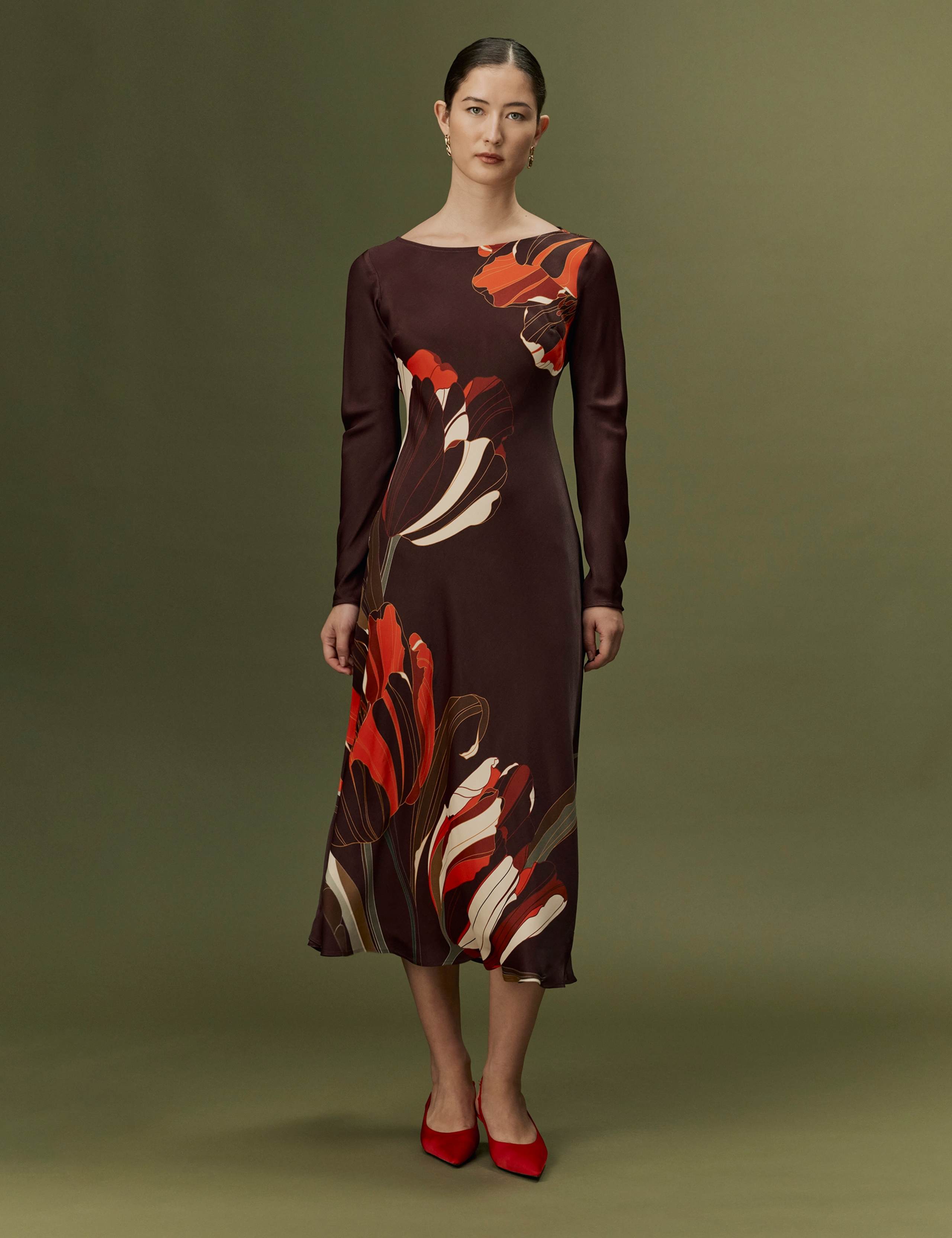 Satin Crepe Floral Midi Slip Dress 1 of 11