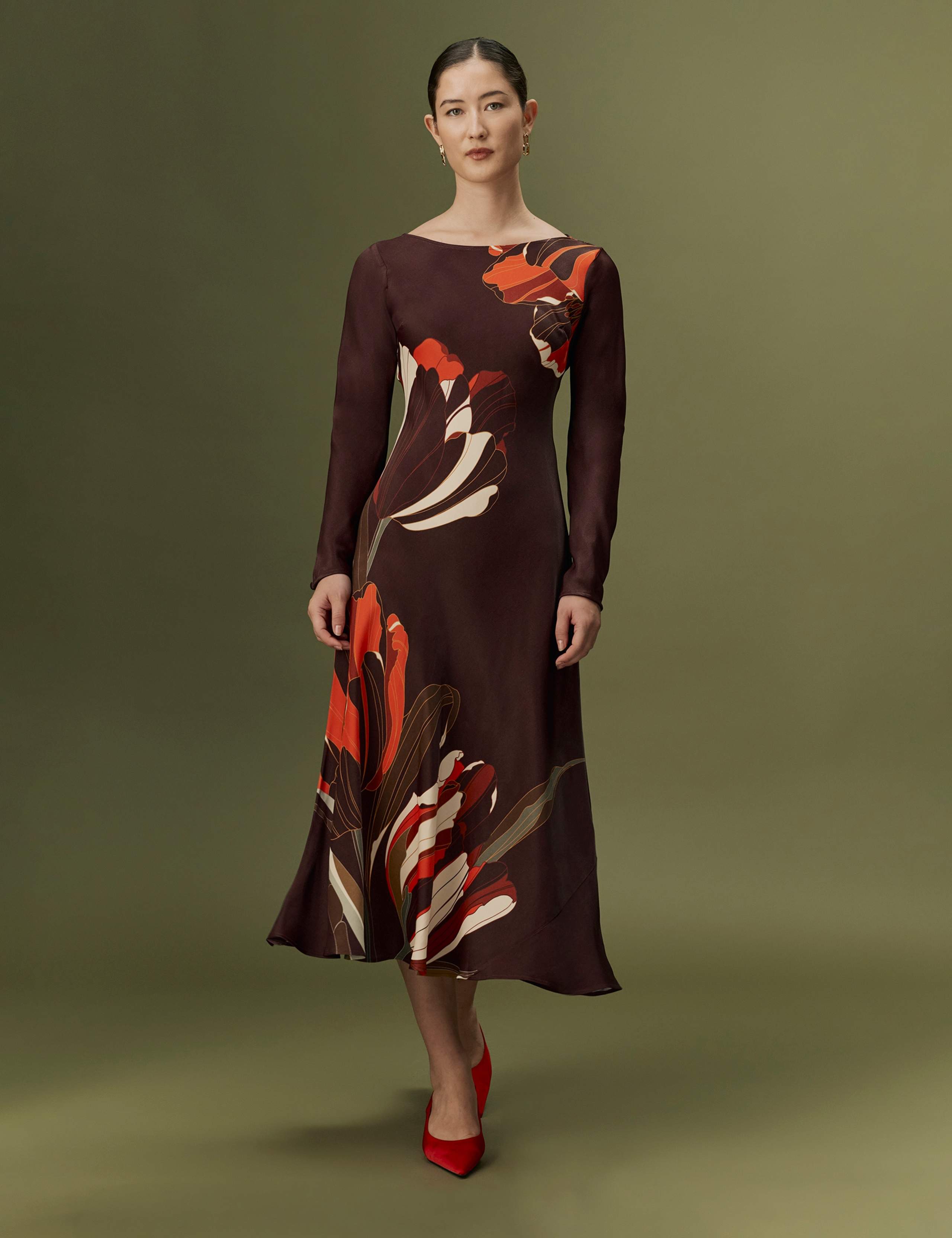 Satin Crepe Floral Midi Slip Dress 3 of 11