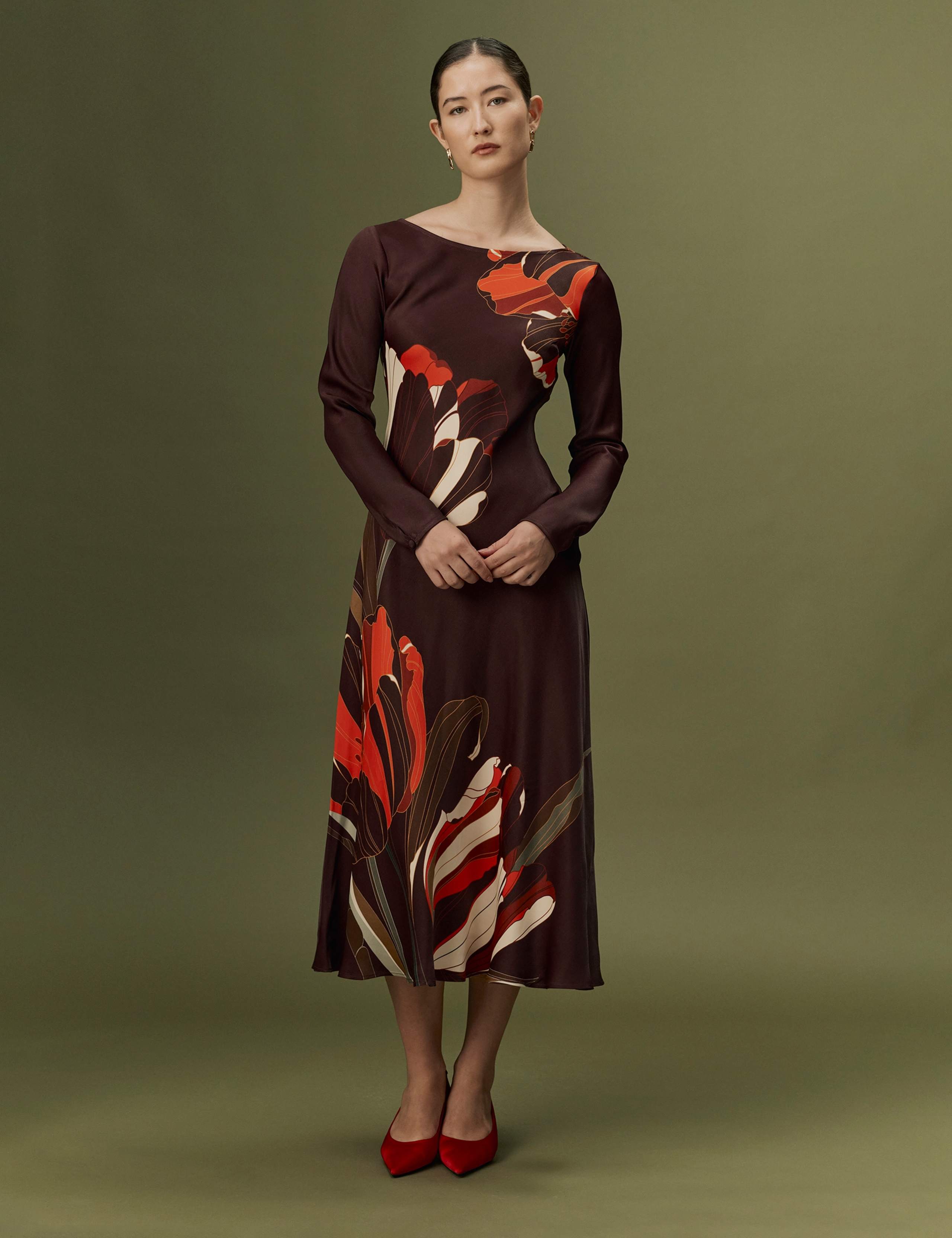 Satin Crepe Floral Midi Slip Dress 6 of 11