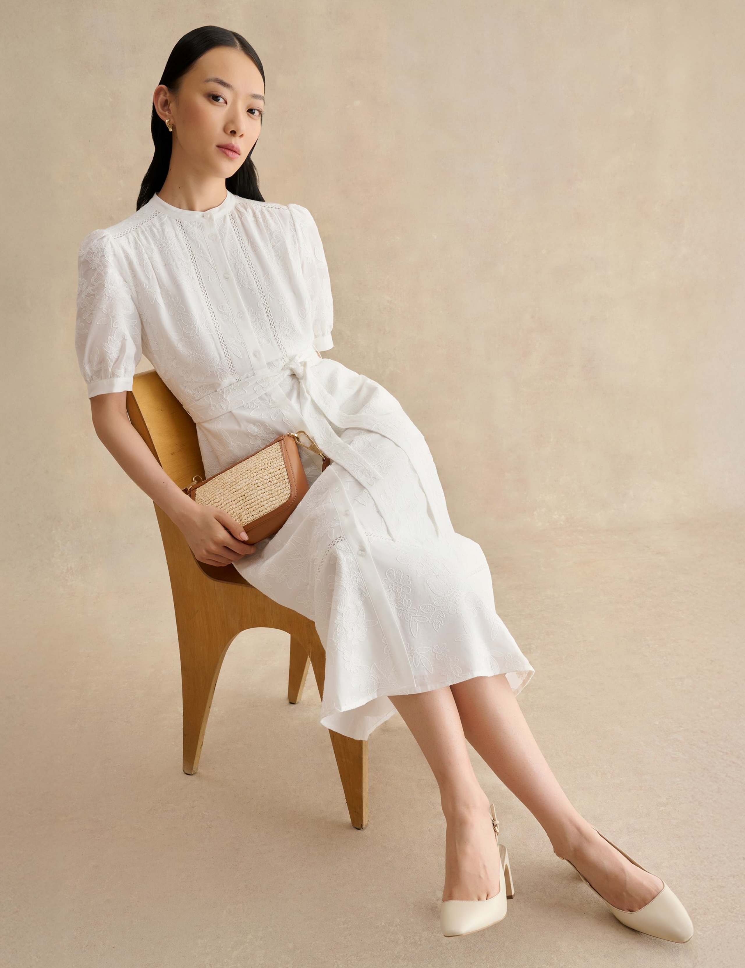 Pure Cotton Embroidered Midi Waisted Dress 6 of 7