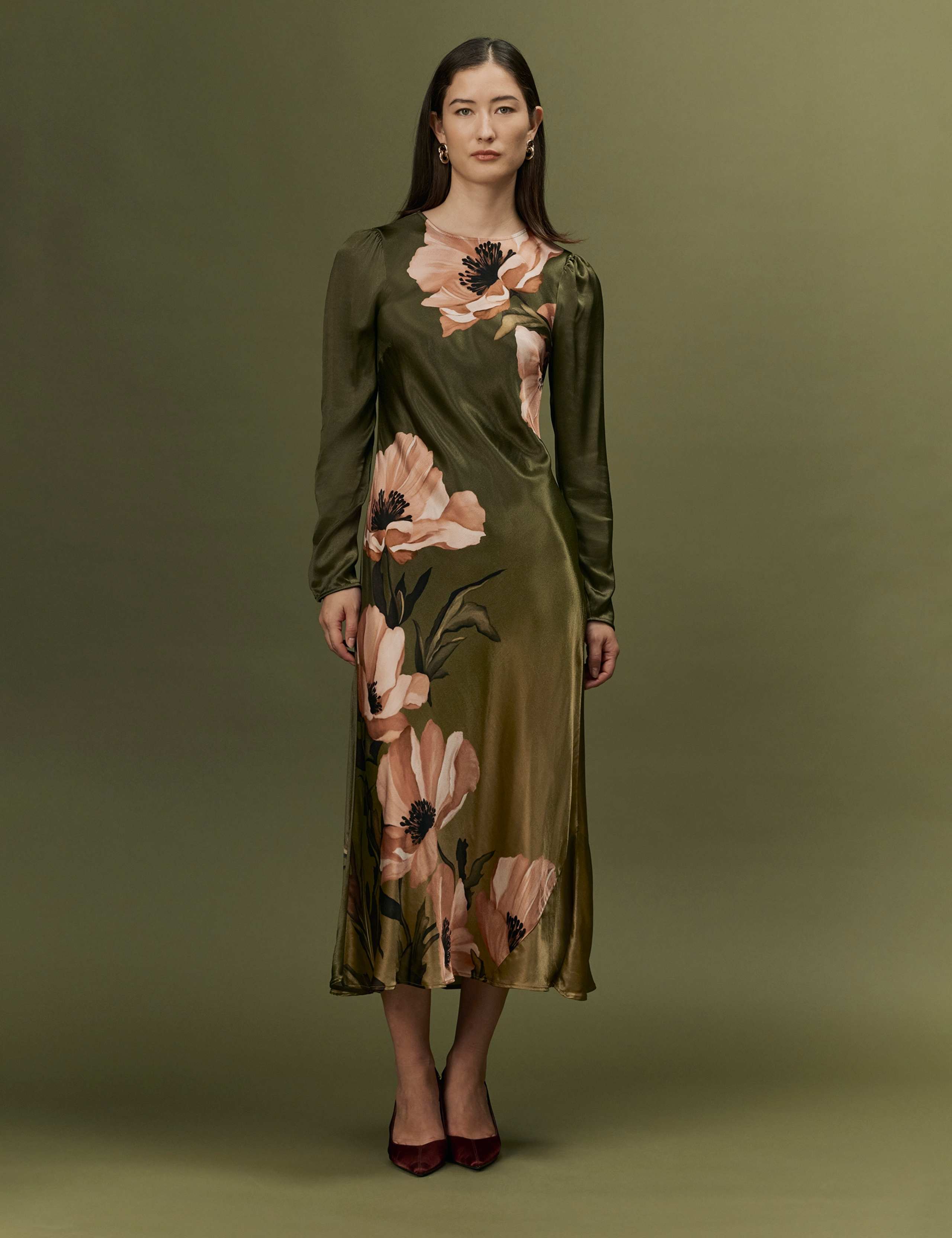 Satin Floral Keyhole Midi Dress 1 of 10