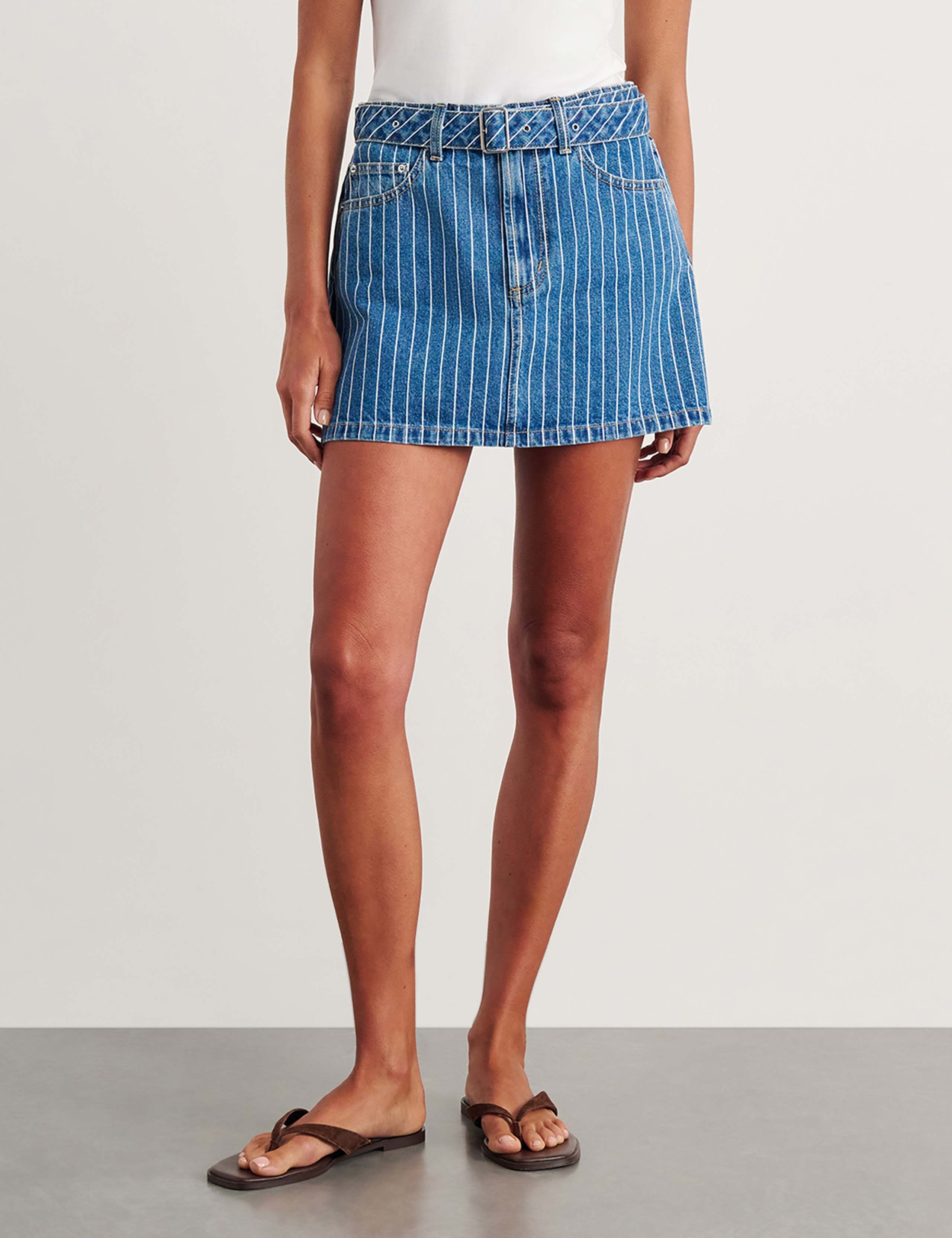 Denim Belted Striped Mini Skirt 3 of 6