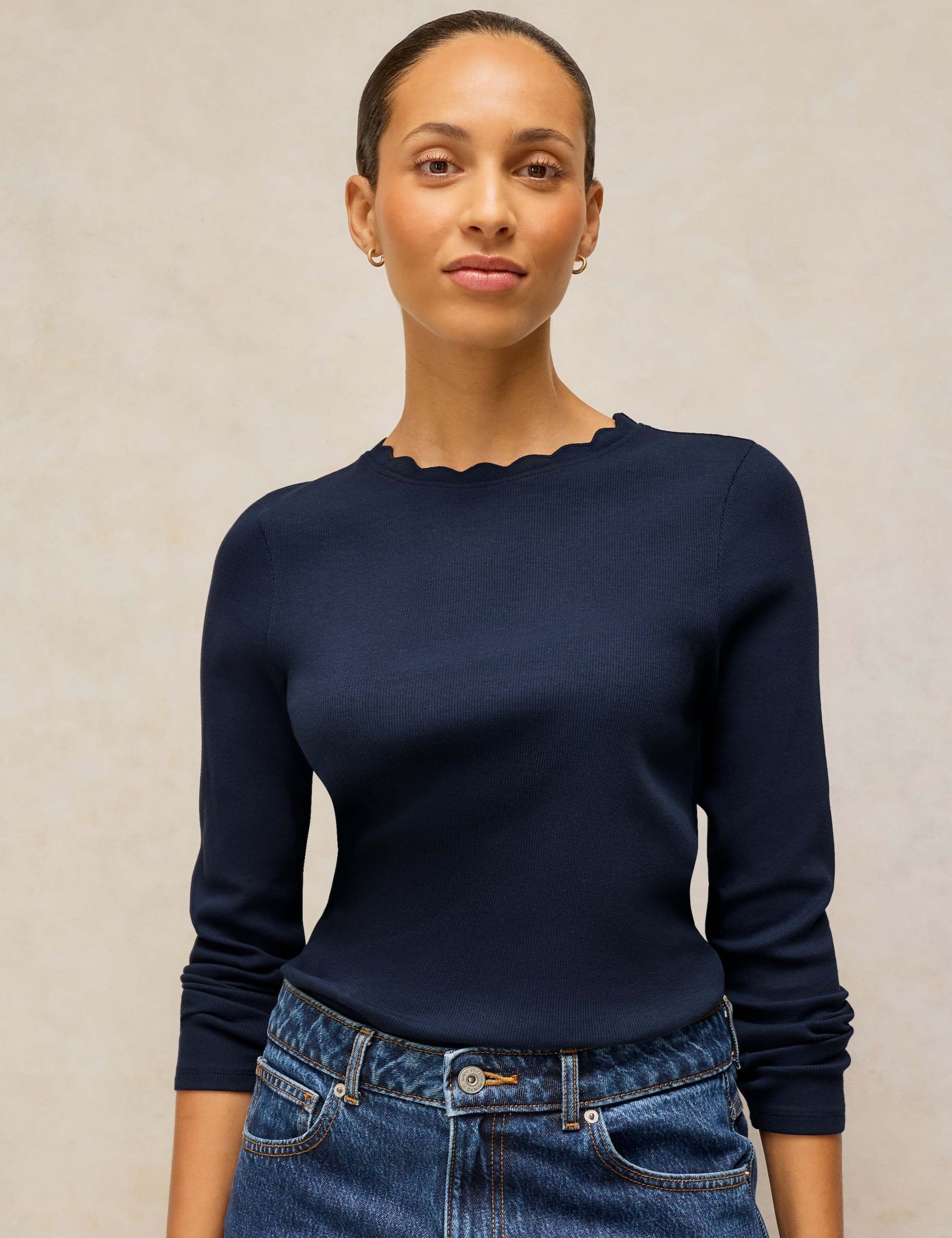 Cotton Rich Jersey Scallop Trim Ribbed Top 1 of 6