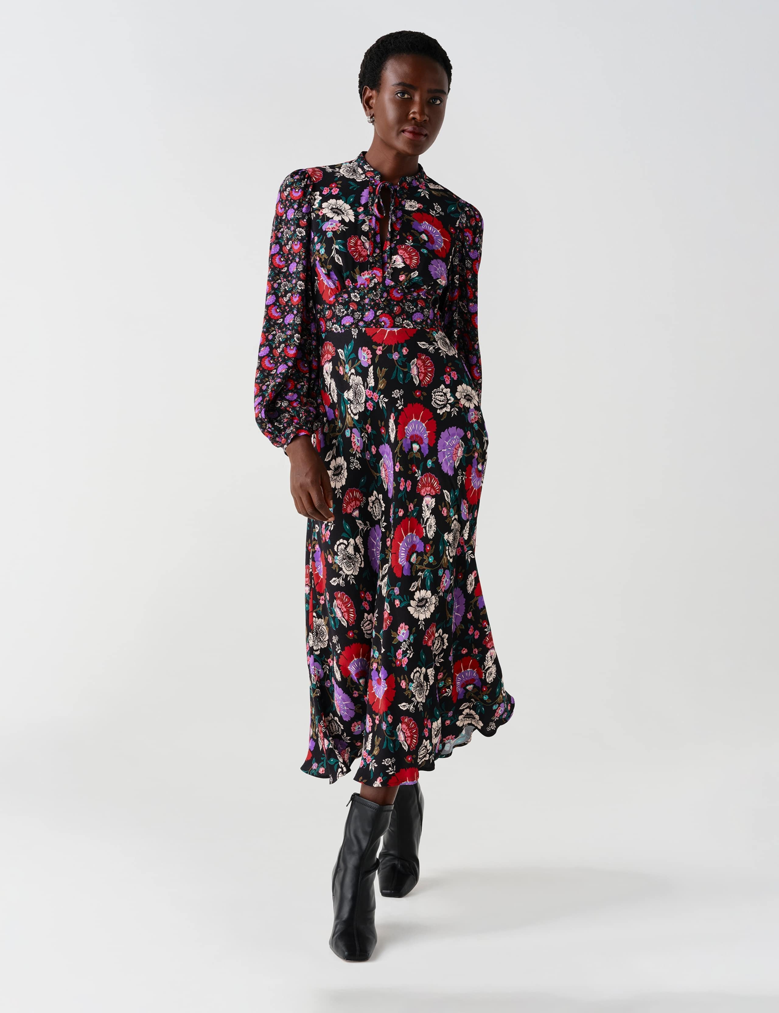 Crepe Paisley Tie Neck Midi Waisted Dress 11 of 11