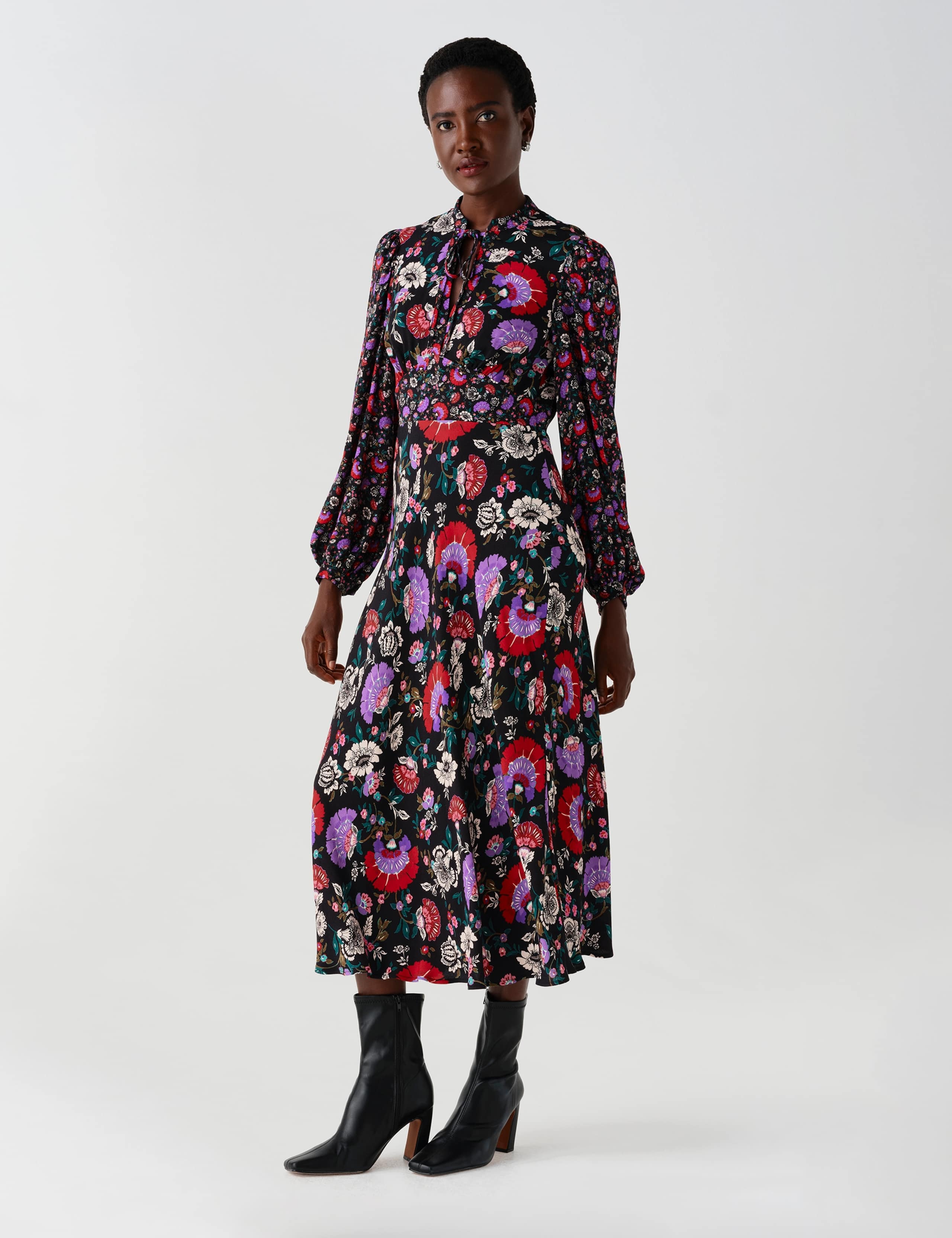 Crepe Paisley Tie Neck Midi Waisted Dress 3 of 11