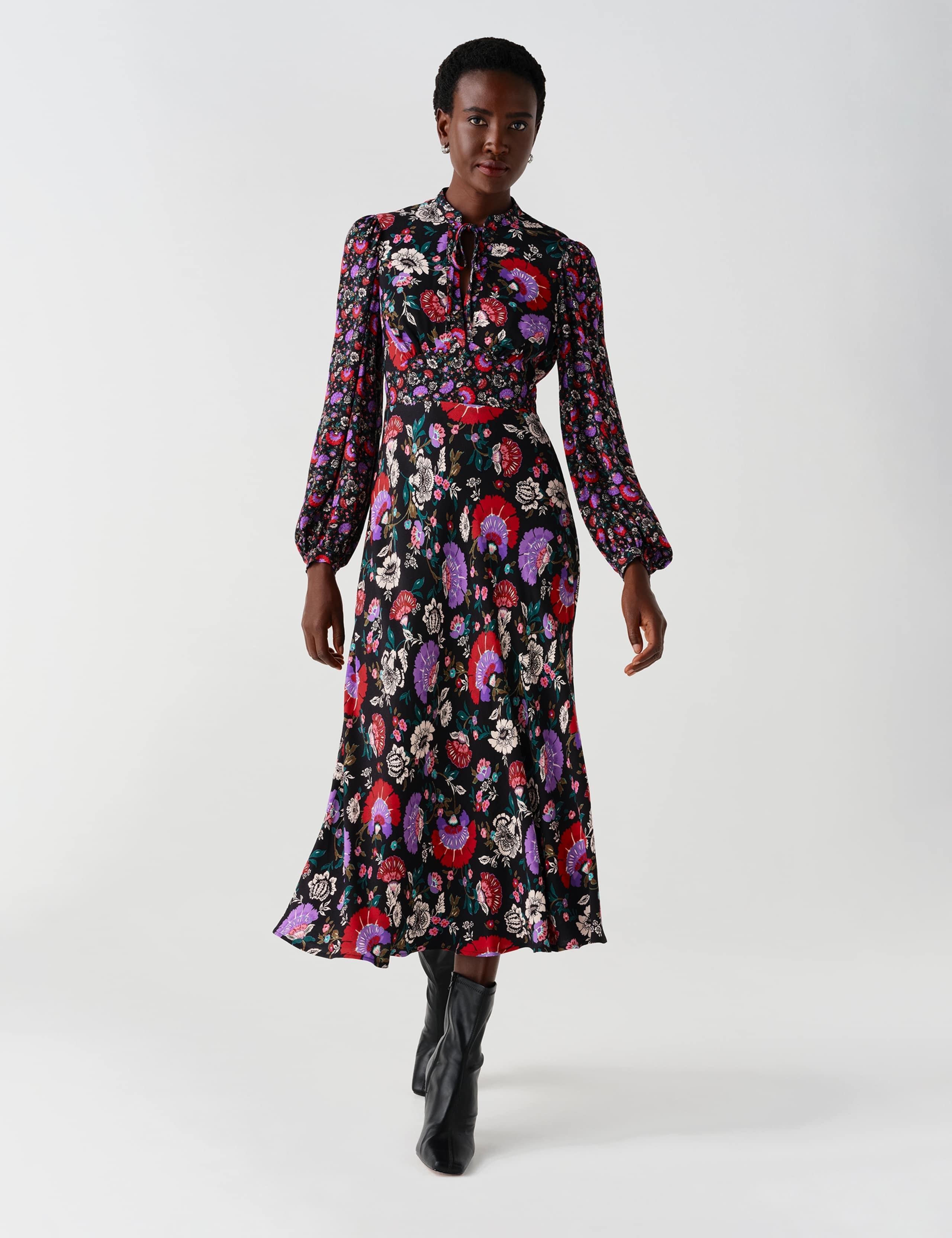 Crepe Paisley Tie Neck Midi Waisted Dress 4 of 11