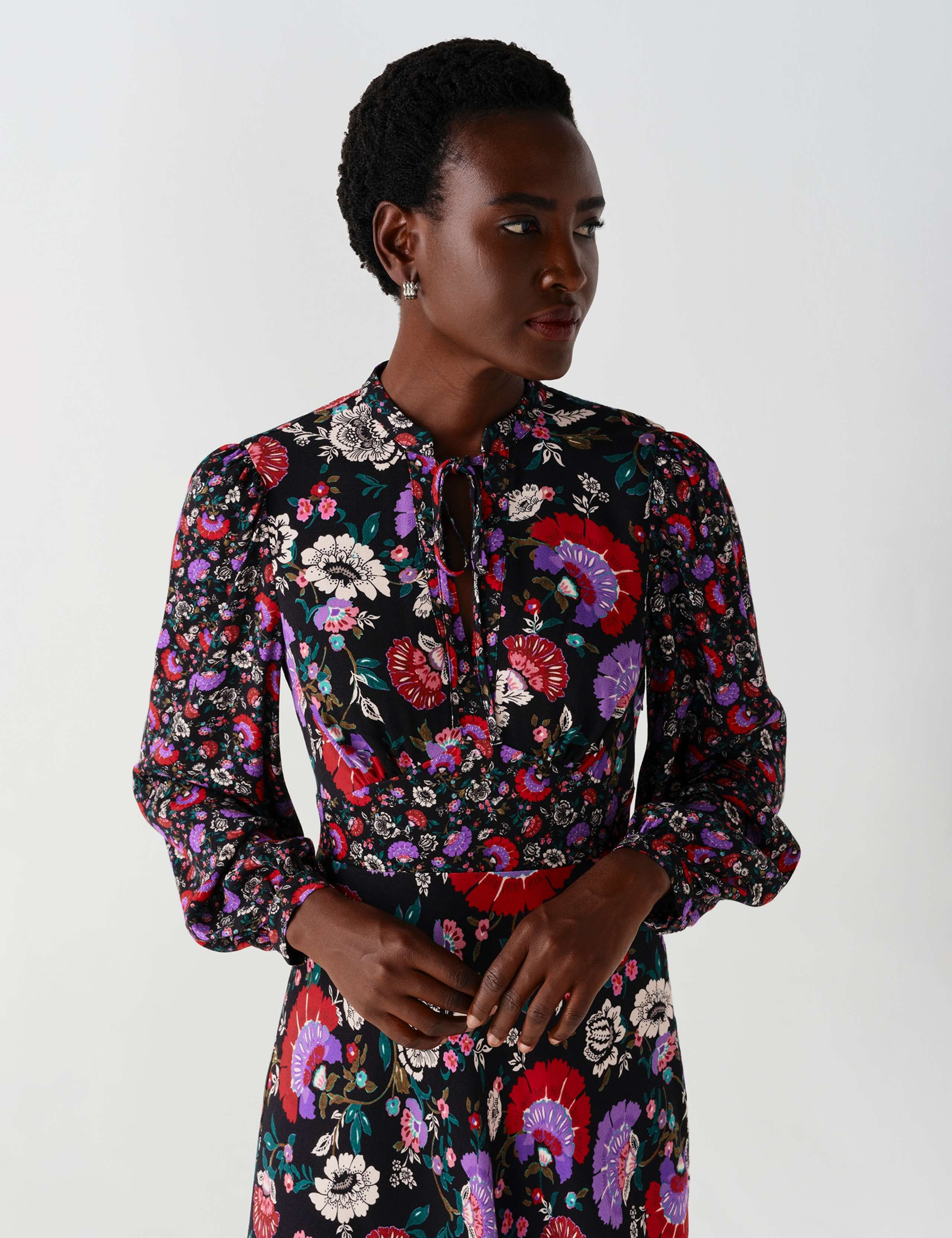Crepe Paisley Tie Neck Midi Waisted Dress 7 of 11