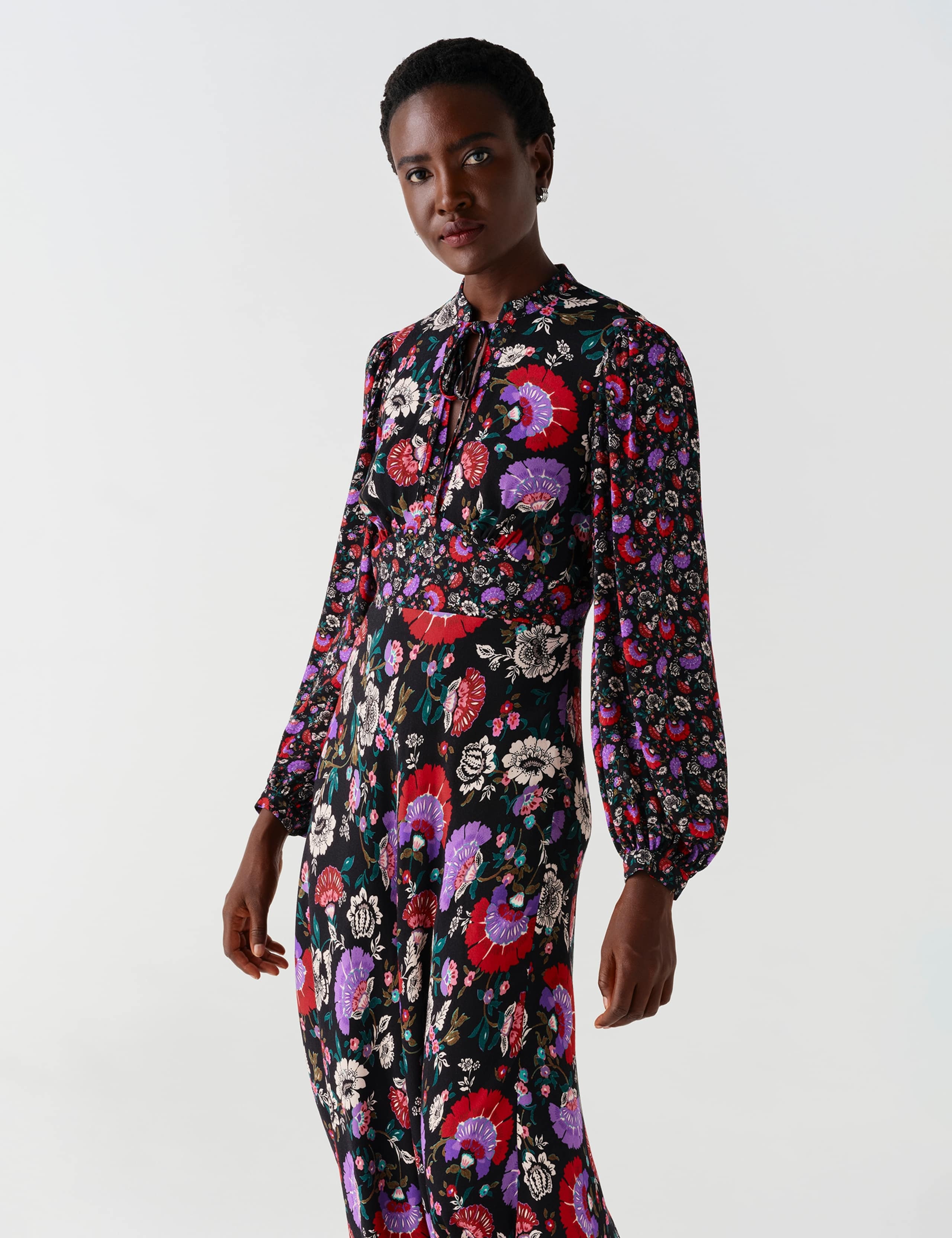 Crepe Paisley Tie Neck Midi Waisted Dress 8 of 11