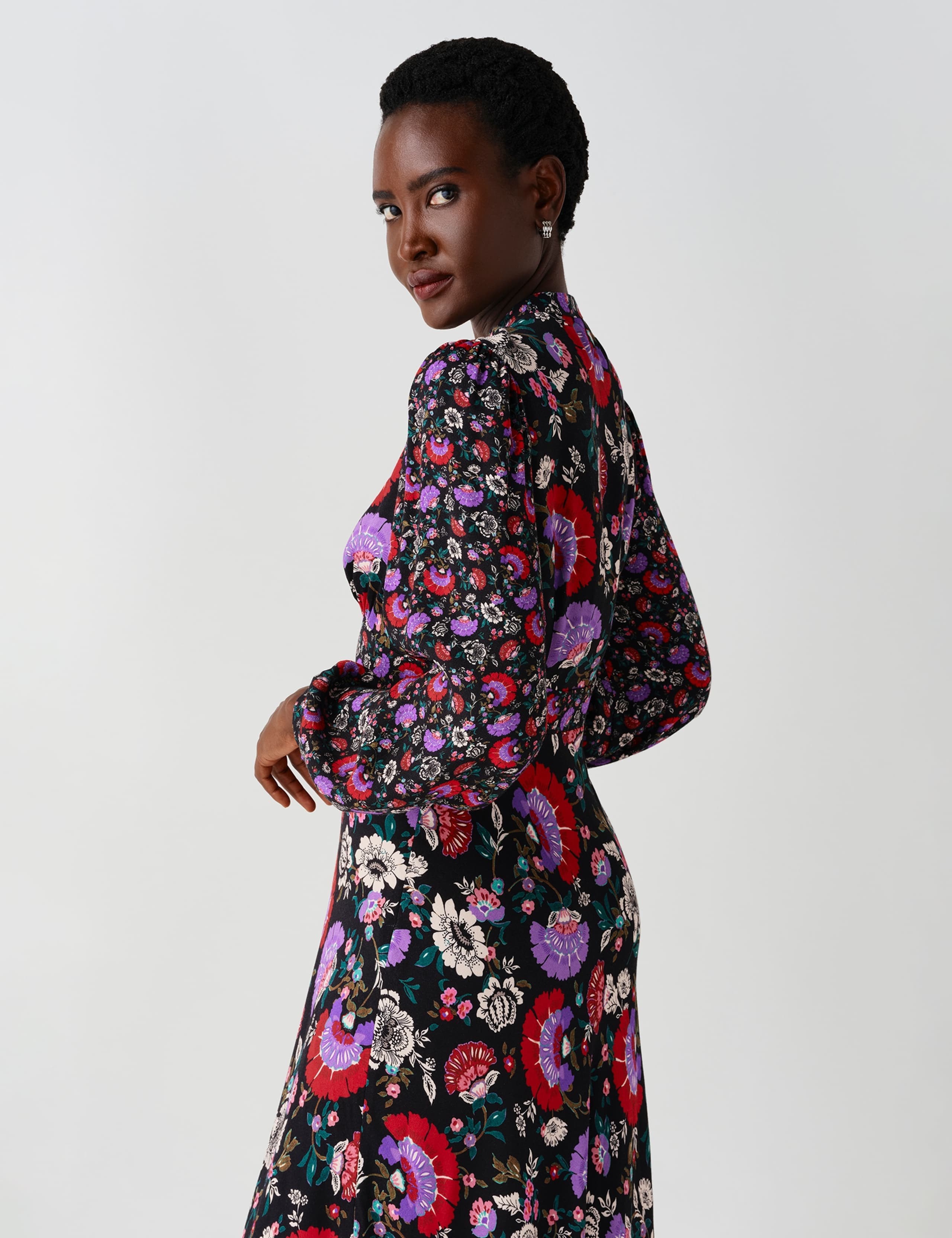 Crepe Paisley Tie Neck Midi Waisted Dress 9 of 11