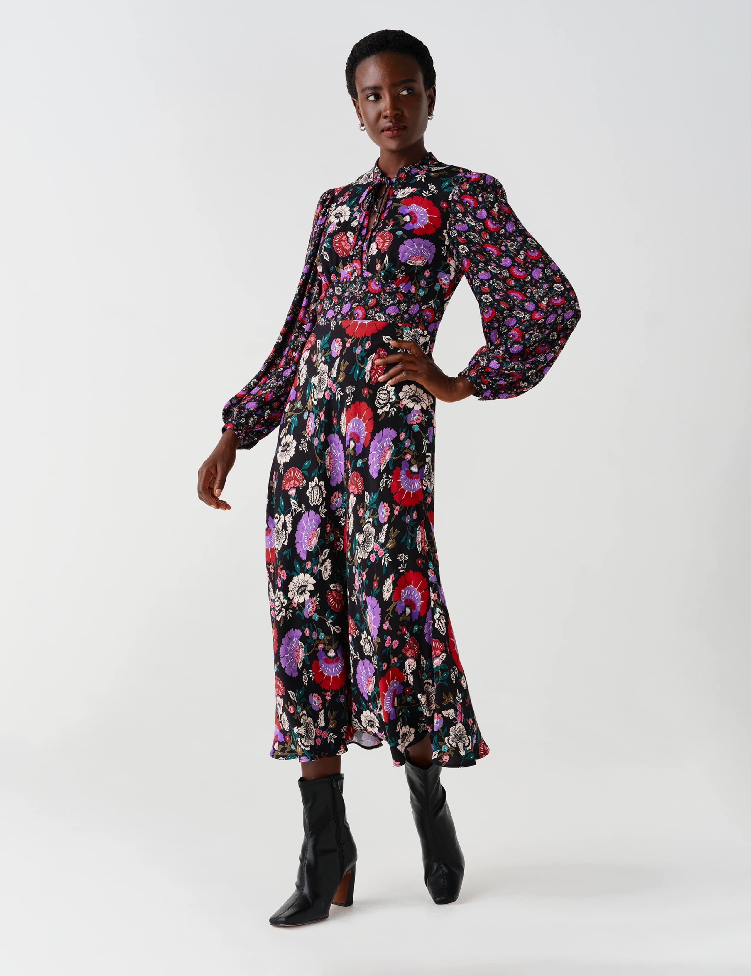 Crepe Paisley Tie Neck Midi Waisted Dress 10 of 11