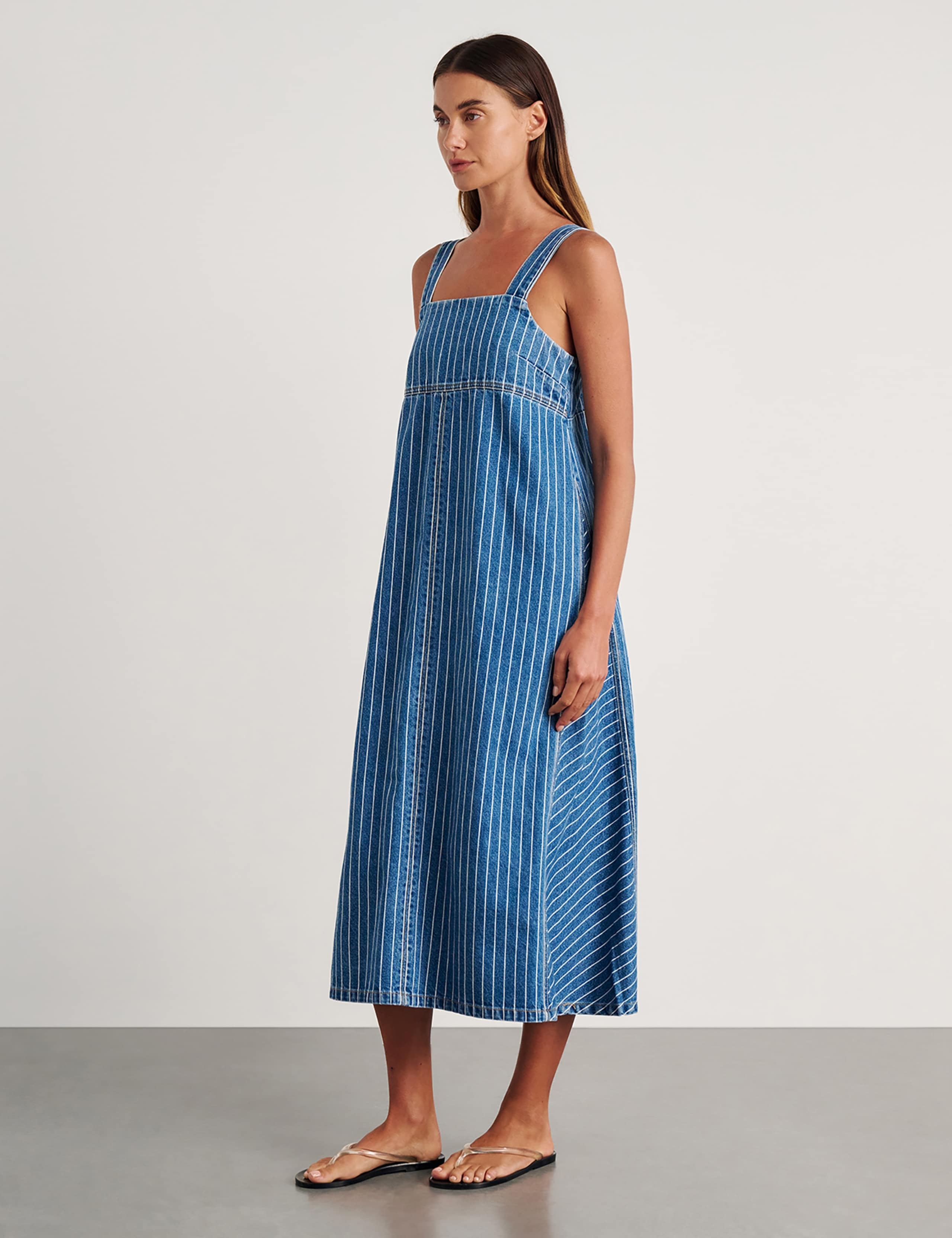 Denim Striped Square Neck Strappy Midi Dress 2 of 5