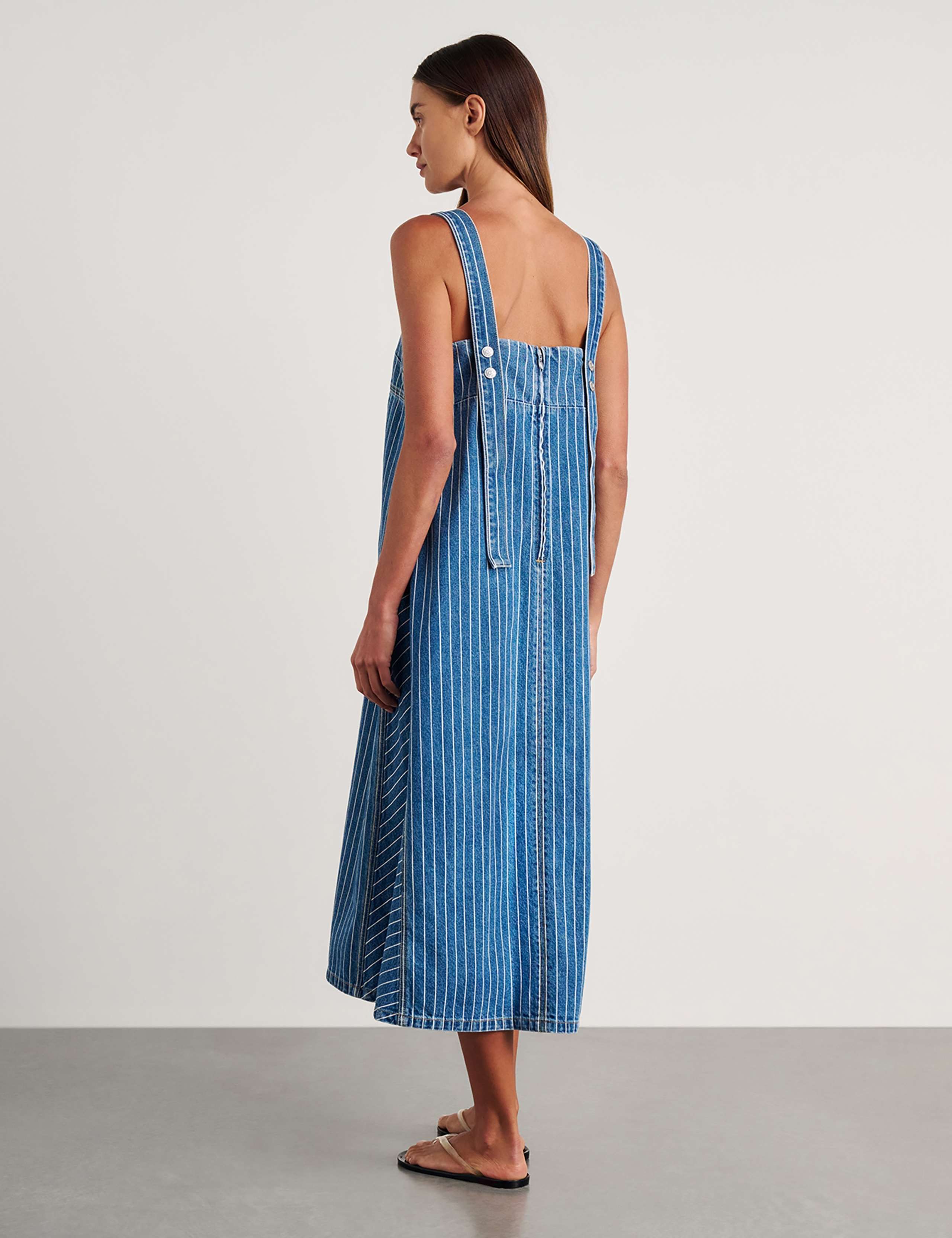Denim Striped Square Neck Strappy Midi Dress 3 of 5