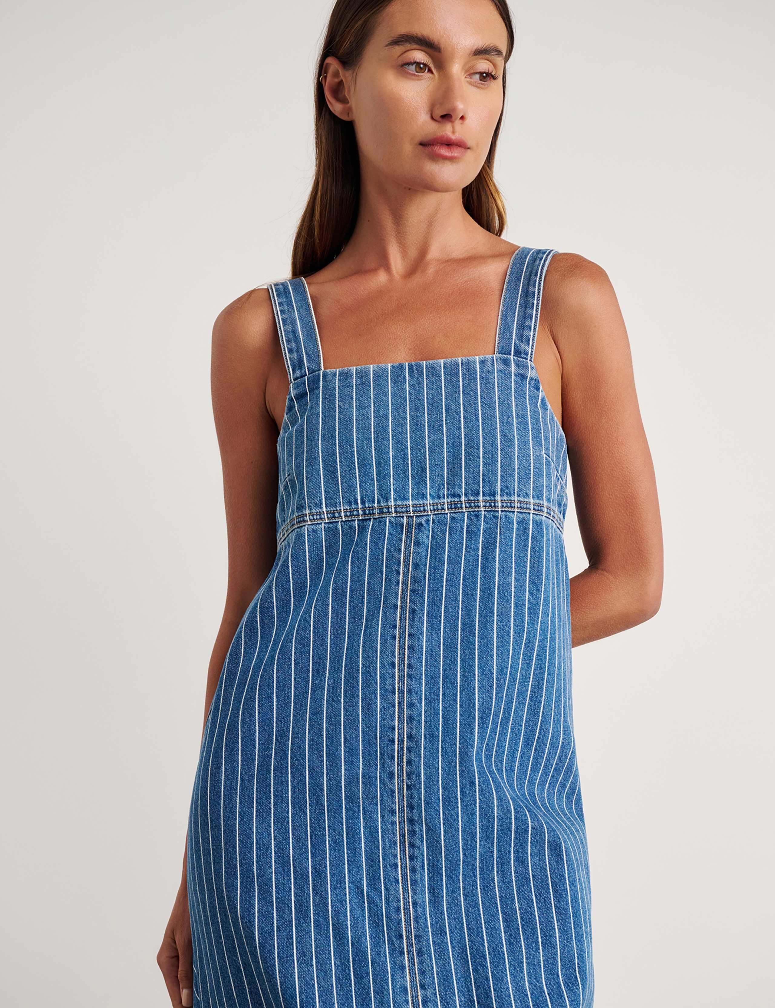 Denim Striped Square Neck Strappy Midi Dress 4 of 5
