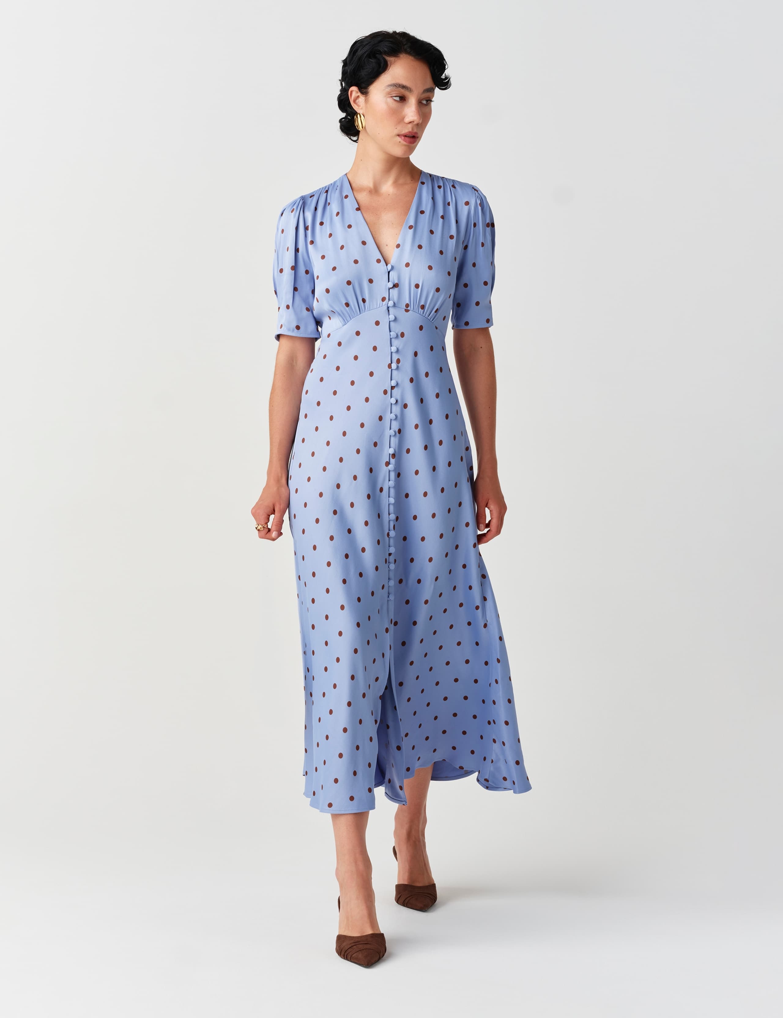 Satin Crepe Polka Dot V Neck Maxi Waisted Dress 2 of 10