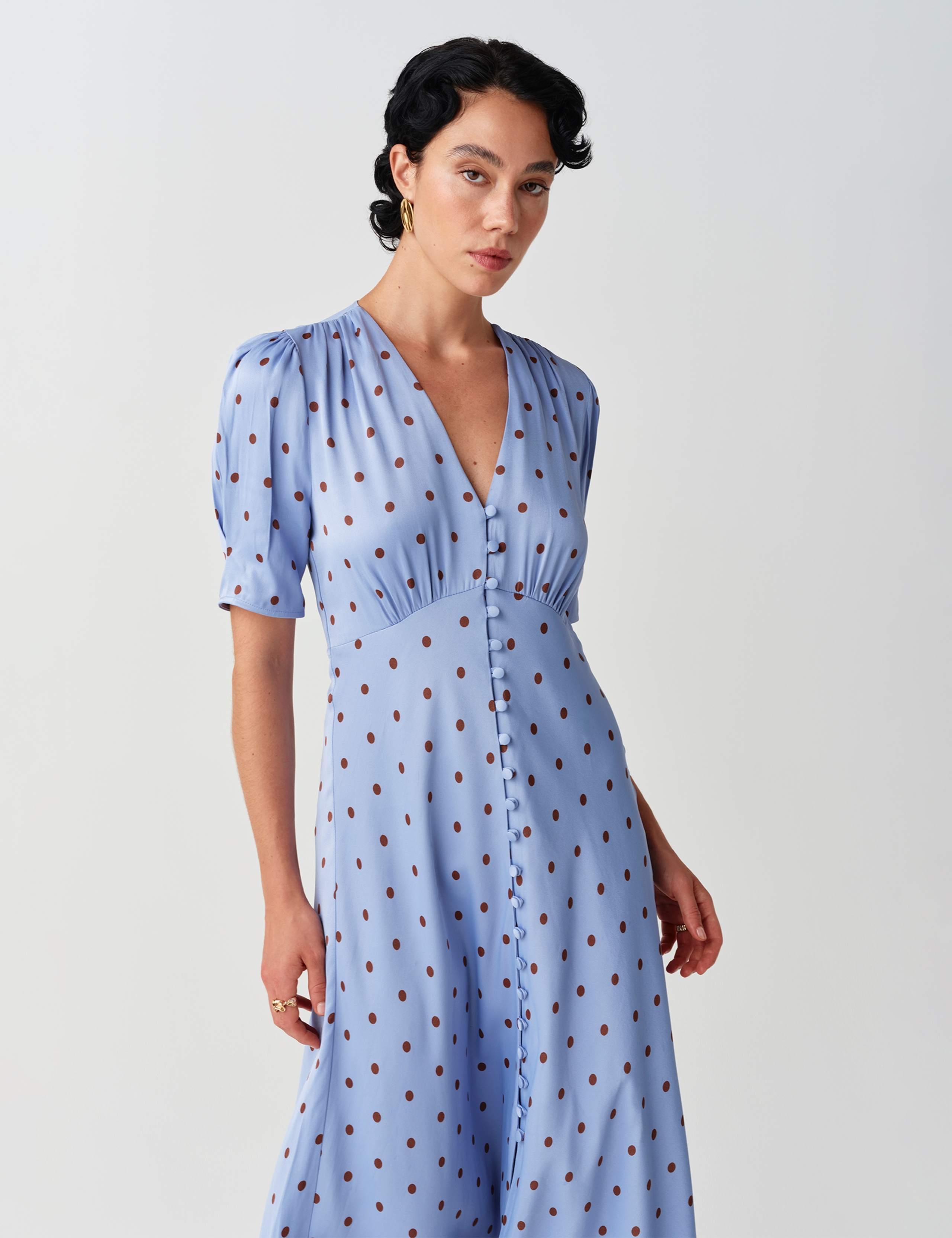 Satin Crepe Polka Dot V Neck Maxi Waisted Dress 3 of 10