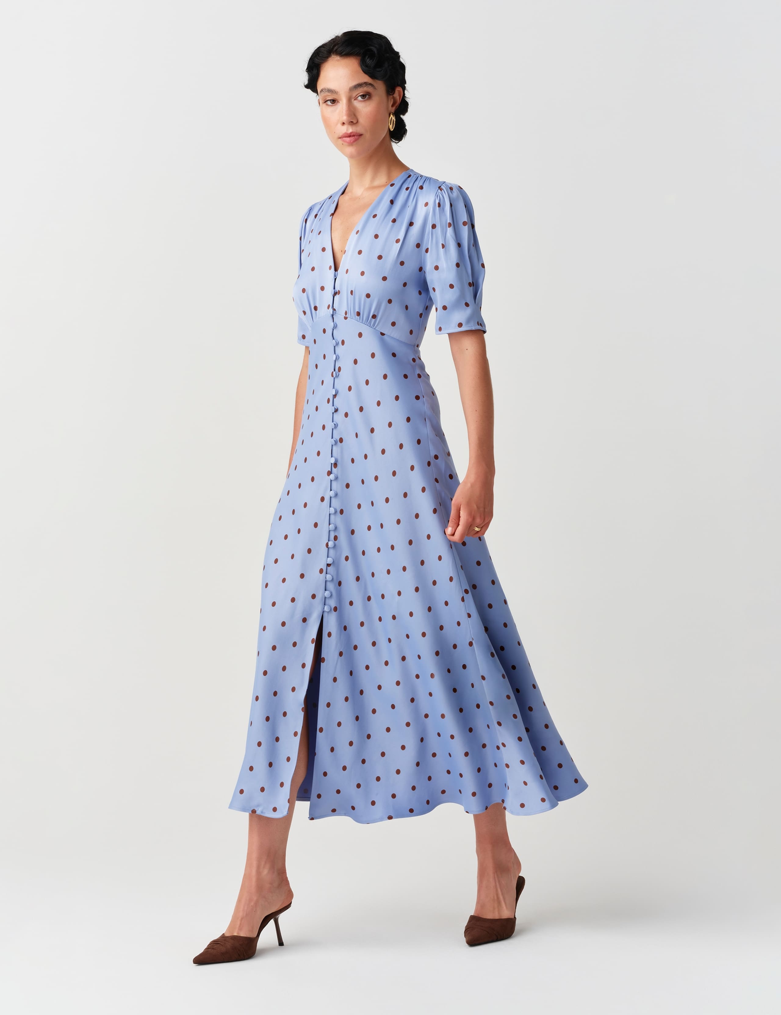 Satin Crepe Polka Dot V Neck Maxi Waisted Dress 4 of 10