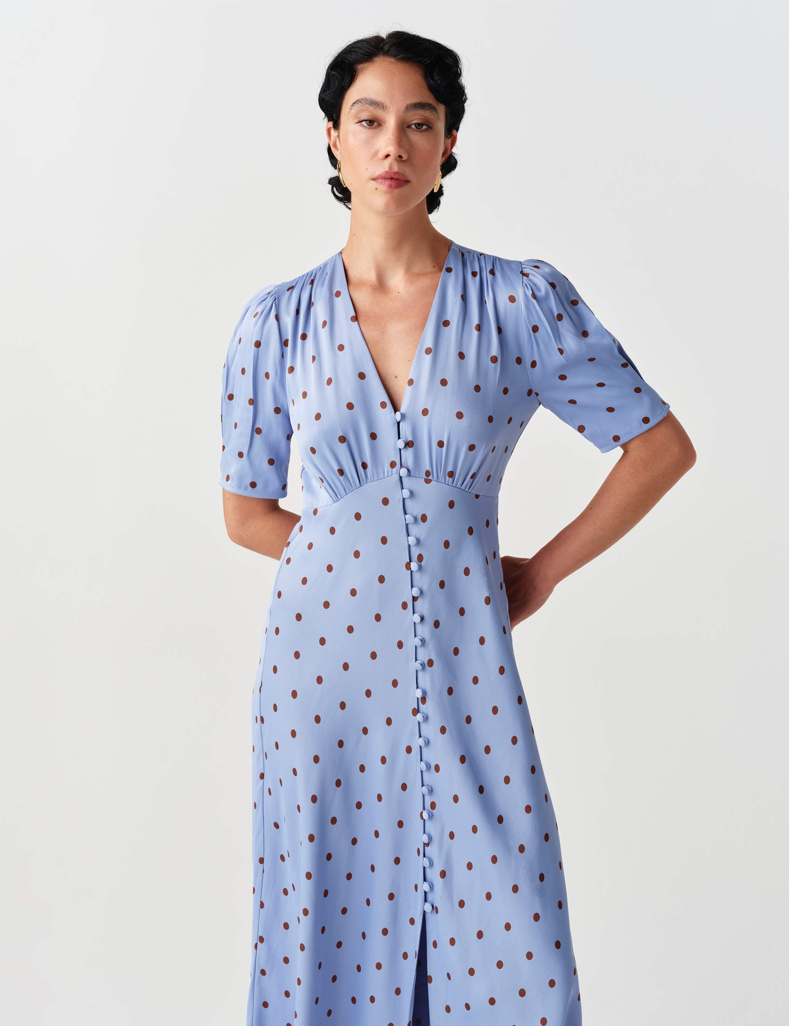 Satin Crepe Polka Dot V Neck Maxi Waisted Dress 5 of 10