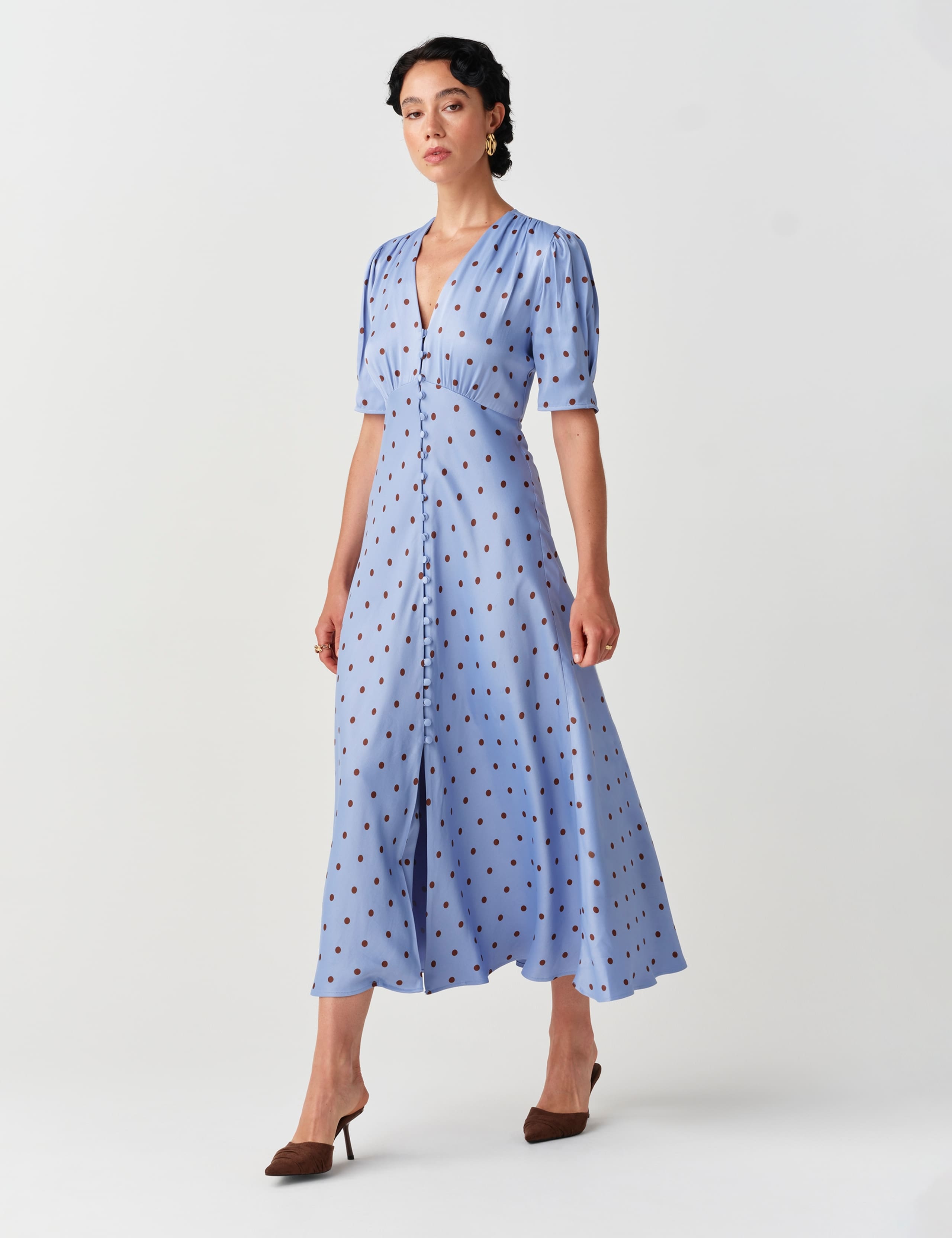 Satin Crepe Polka Dot V Neck Maxi Waisted Dress 6 of 10
