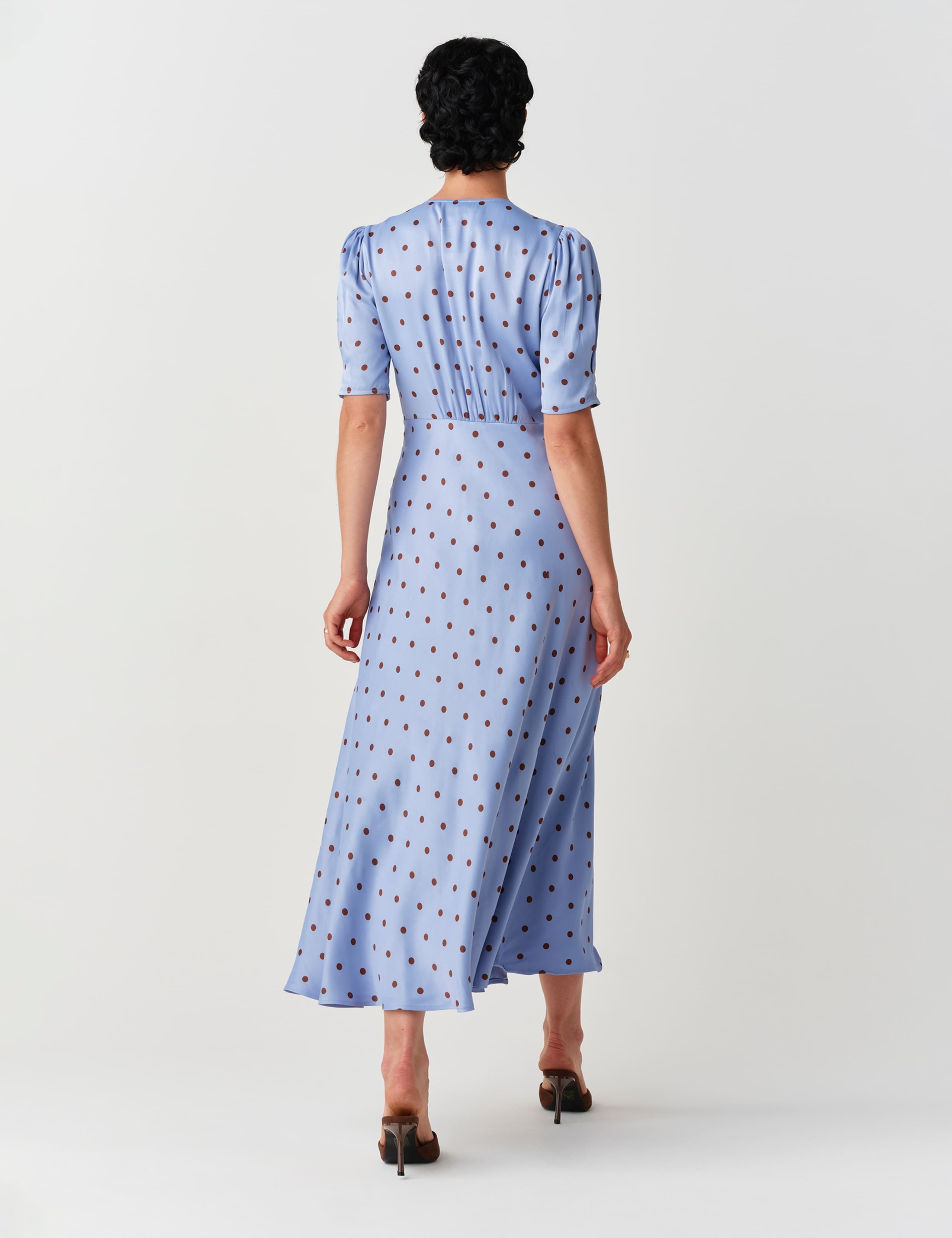 Satin Crepe Polka Dot V Neck Maxi Waisted Dress 7 of 10