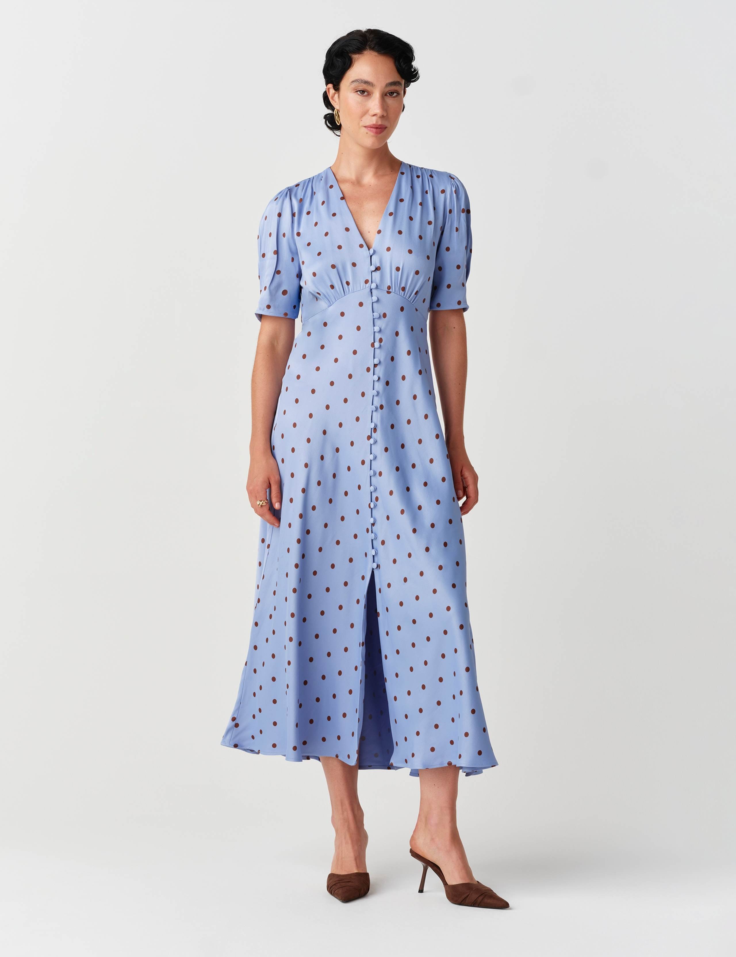 Satin Crepe Polka Dot V Neck Maxi Waisted Dress 8 of 10