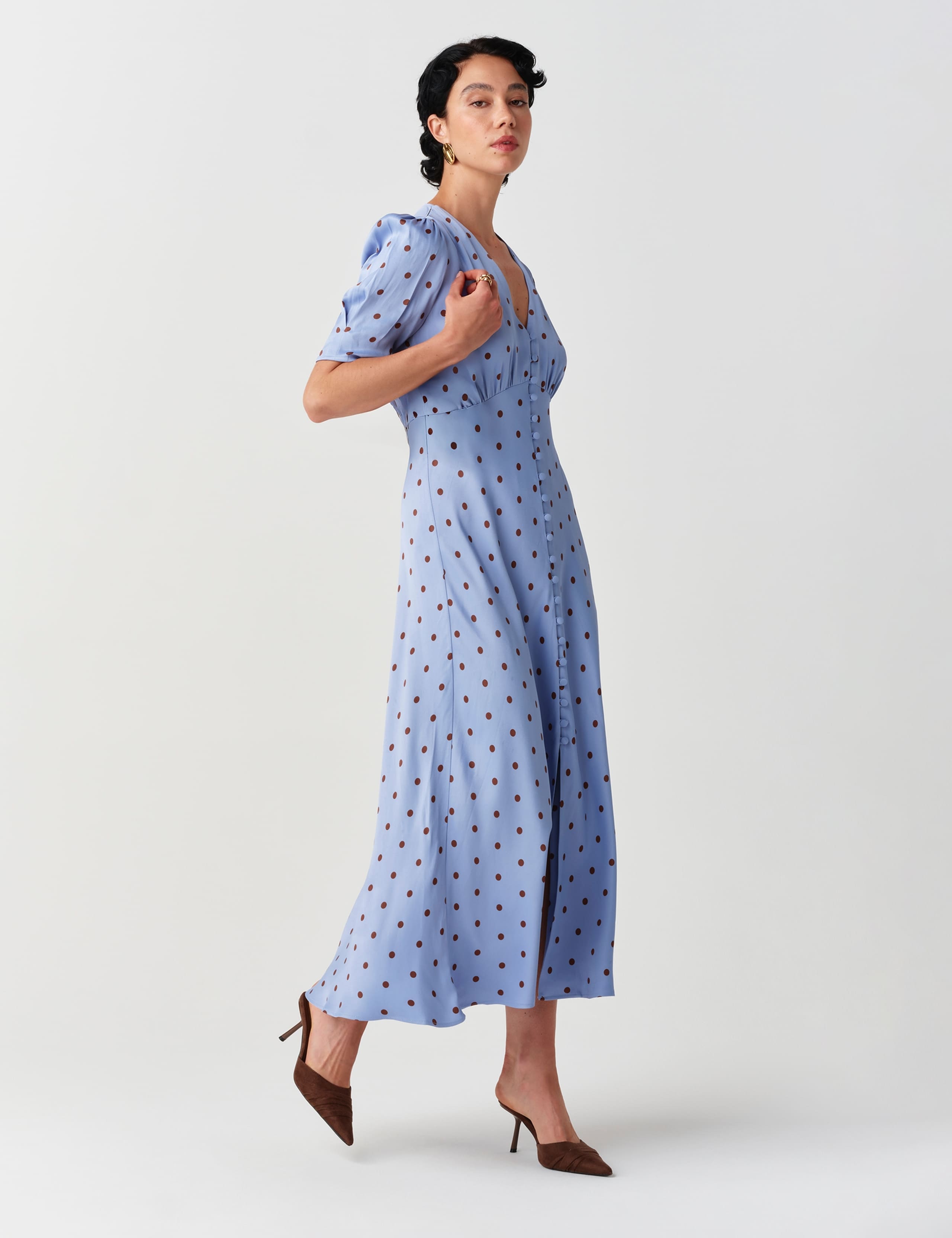 Satin Crepe Polka Dot V Neck Maxi Waisted Dress 9 of 10