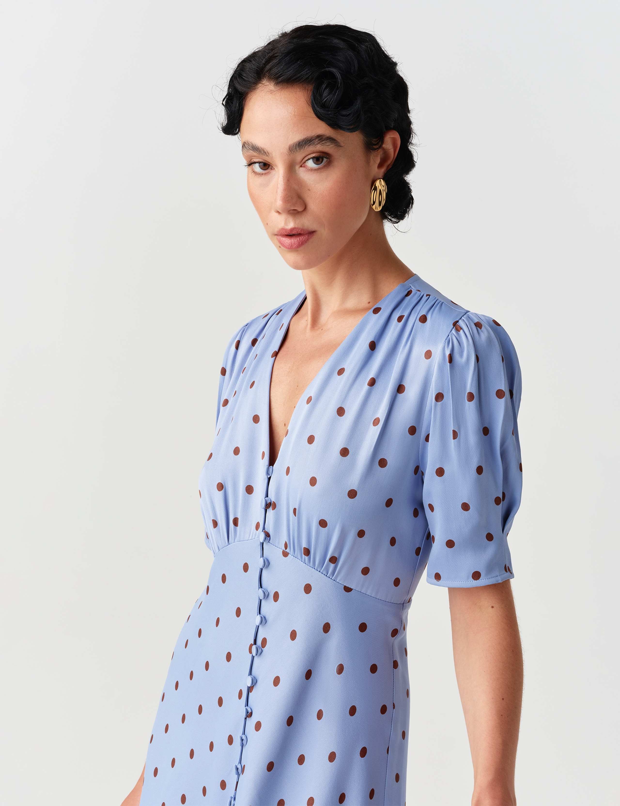 Satin Crepe Polka Dot V Neck Maxi Waisted Dress 10 of 10