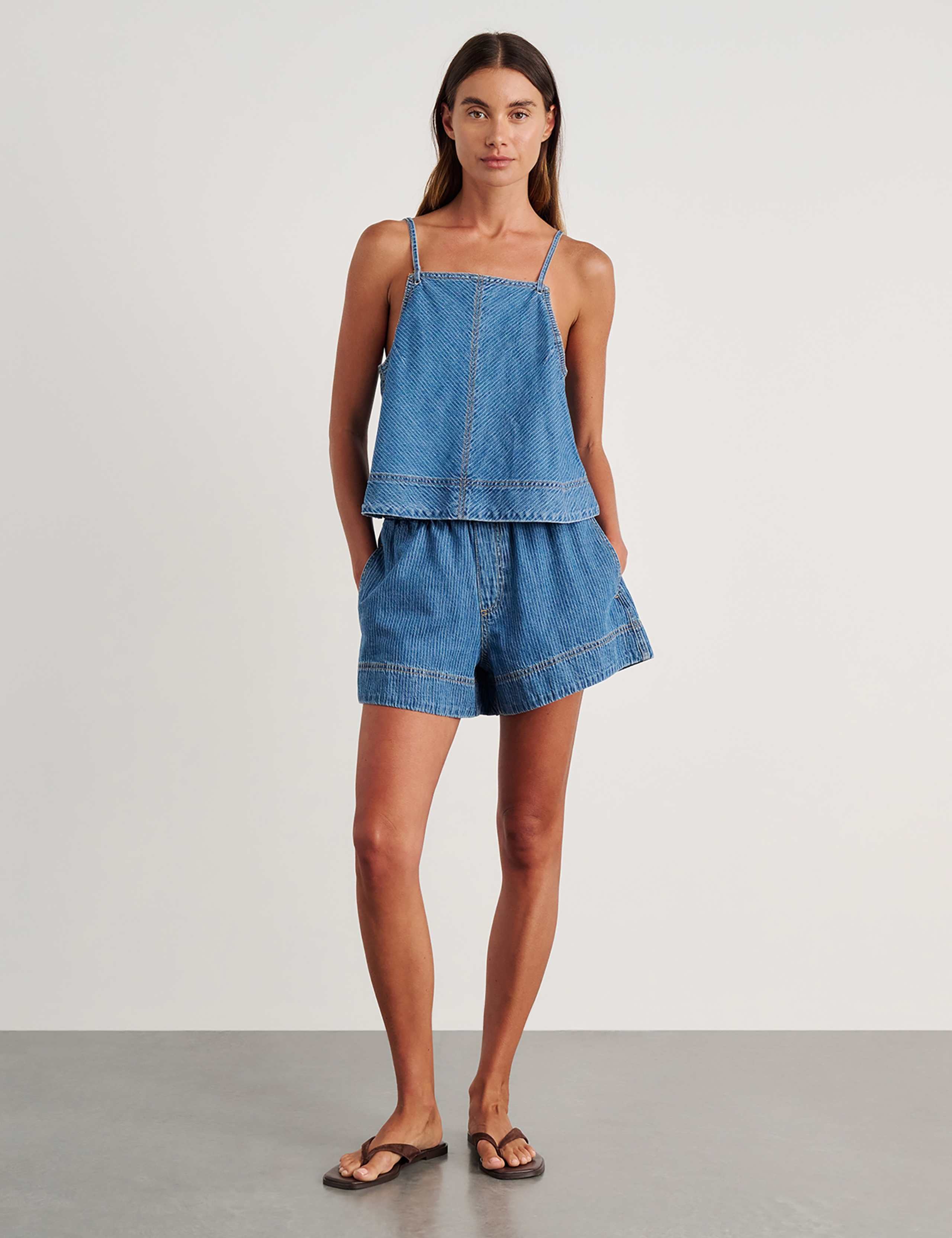 Denim Striped High Waisted Shorts 2 of 7