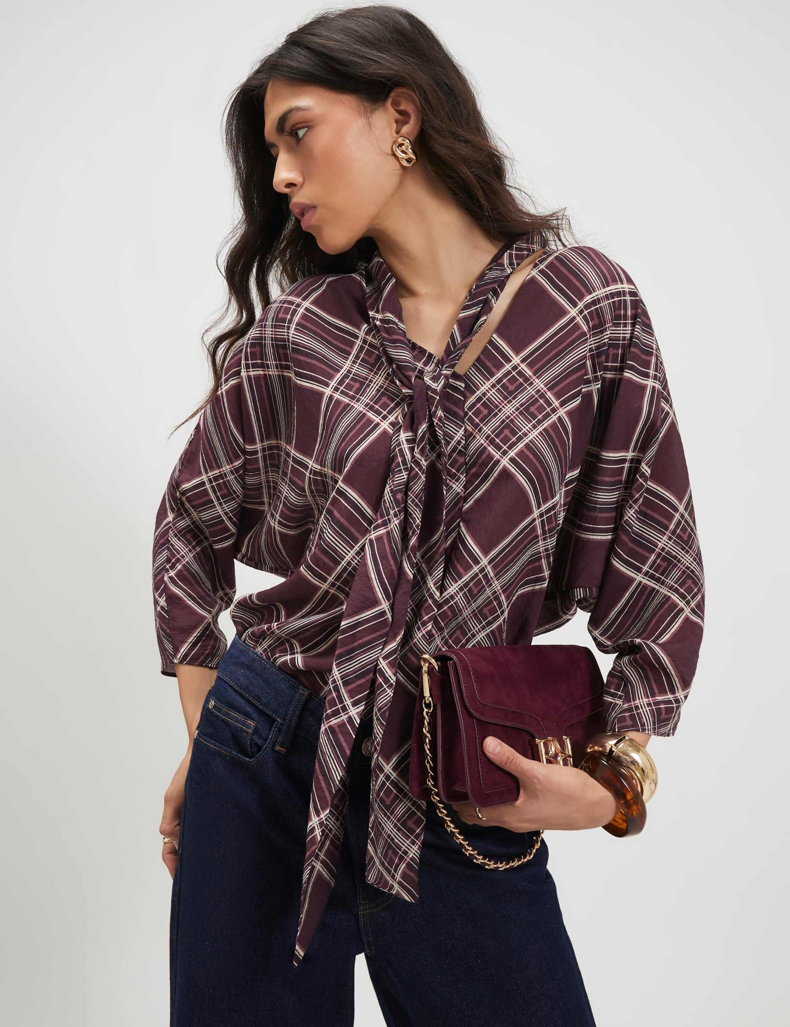 Pure Cotton Checked High Neck Relaxed Blouse 3 of 4