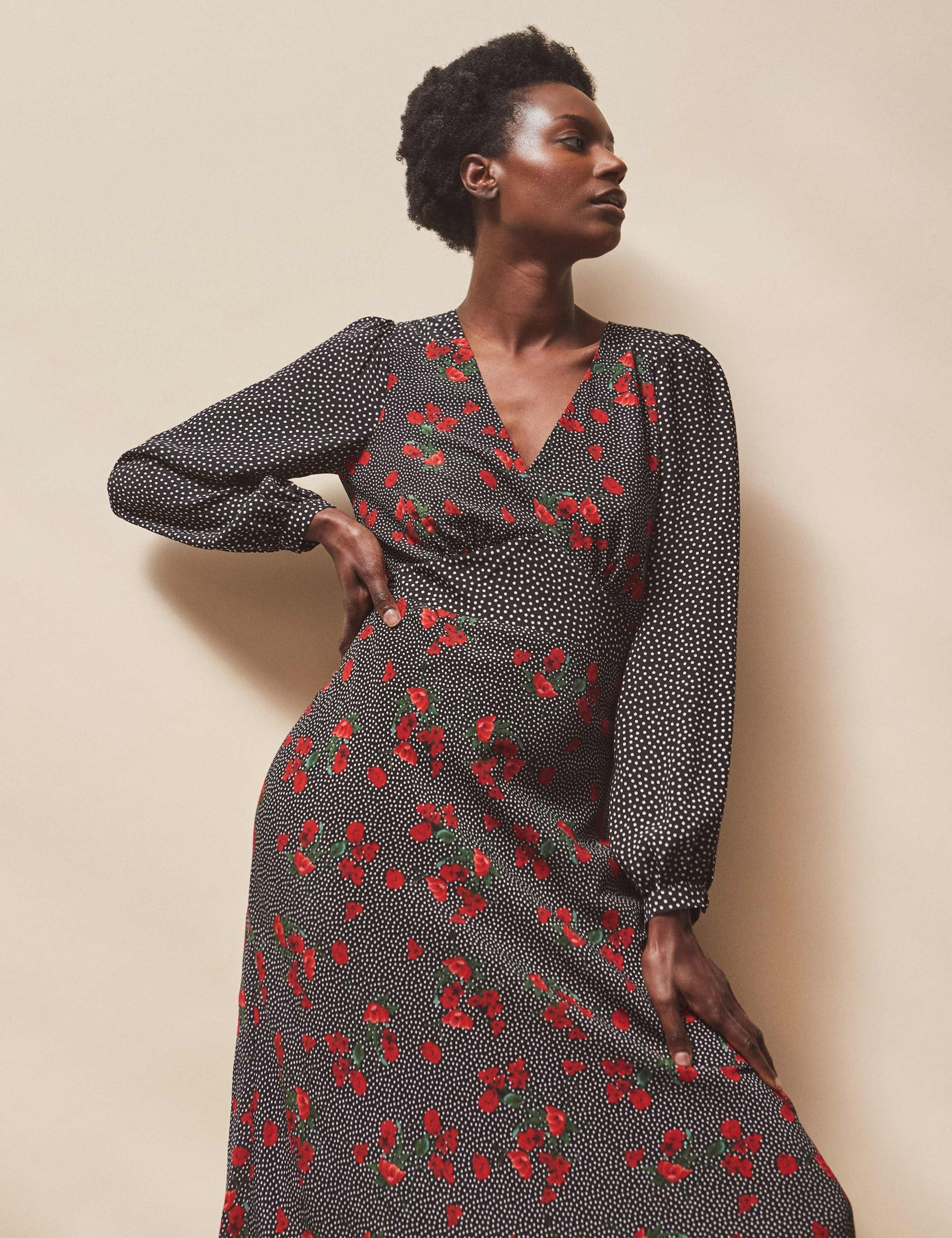 Floral Polka Dot Blouson Sleeve Midi Dress 2 of 5