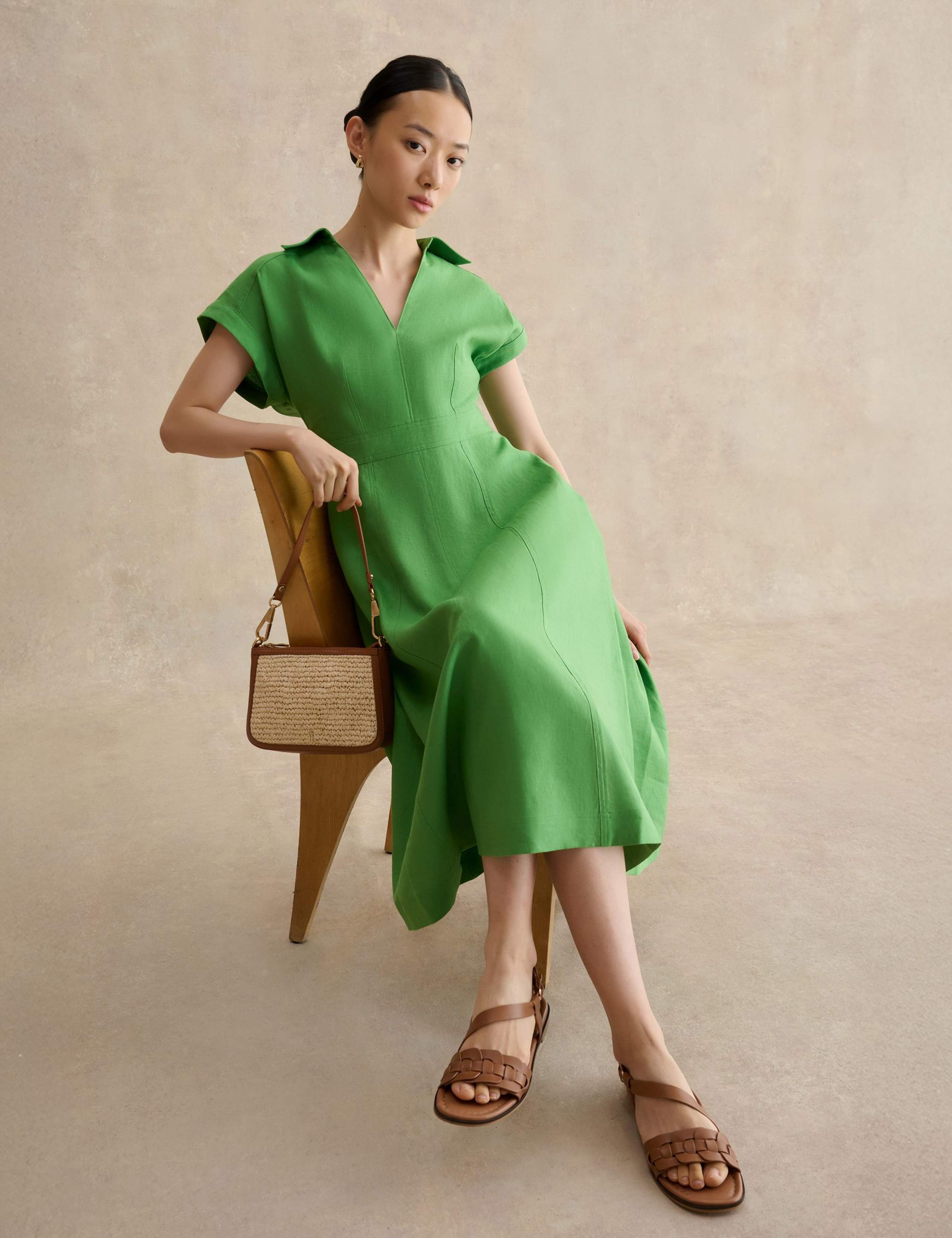 Pure Linen Collared Midi Waisted Dress 4 of 5