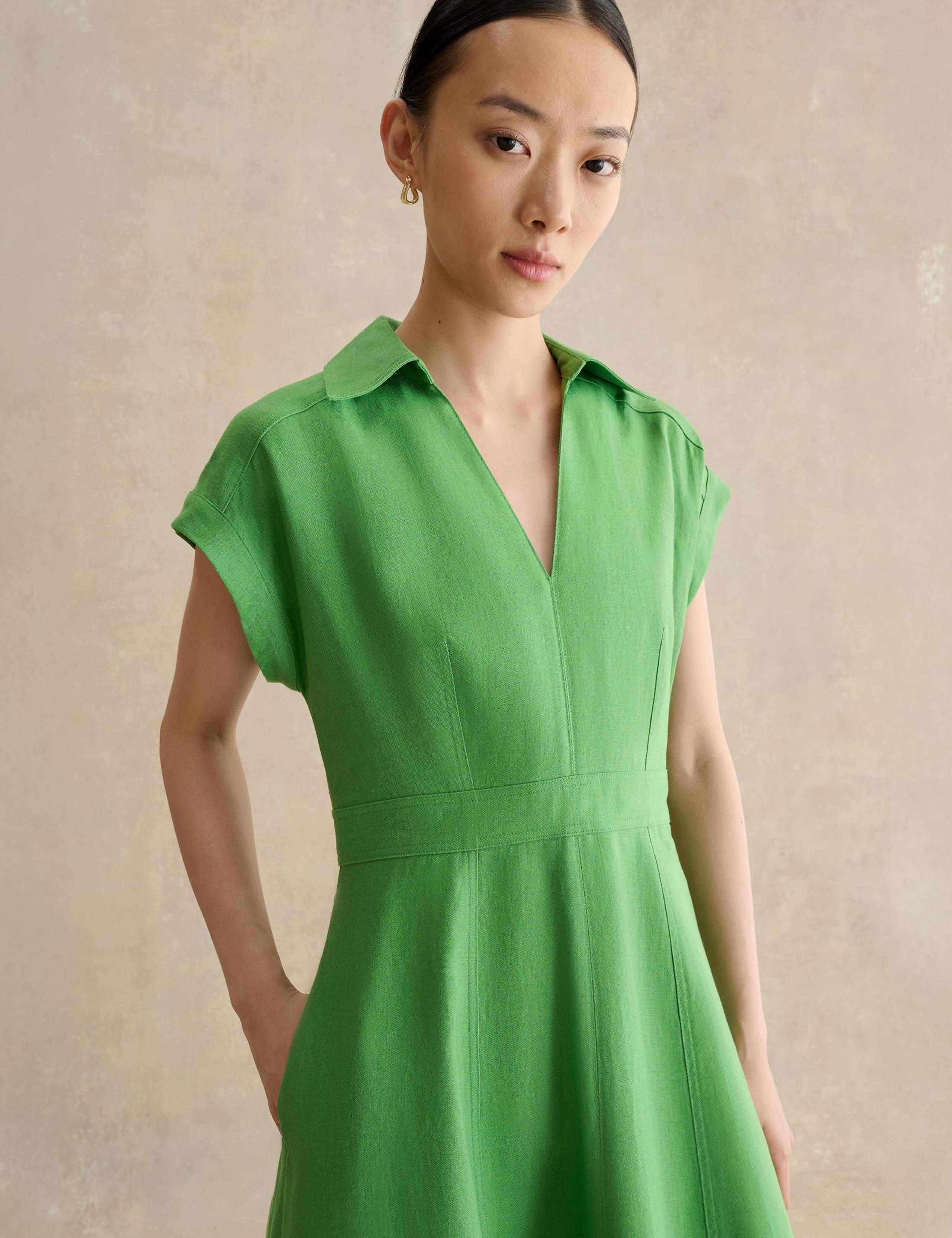 Pure Linen Collared Midi Waisted Dress 5 of 5