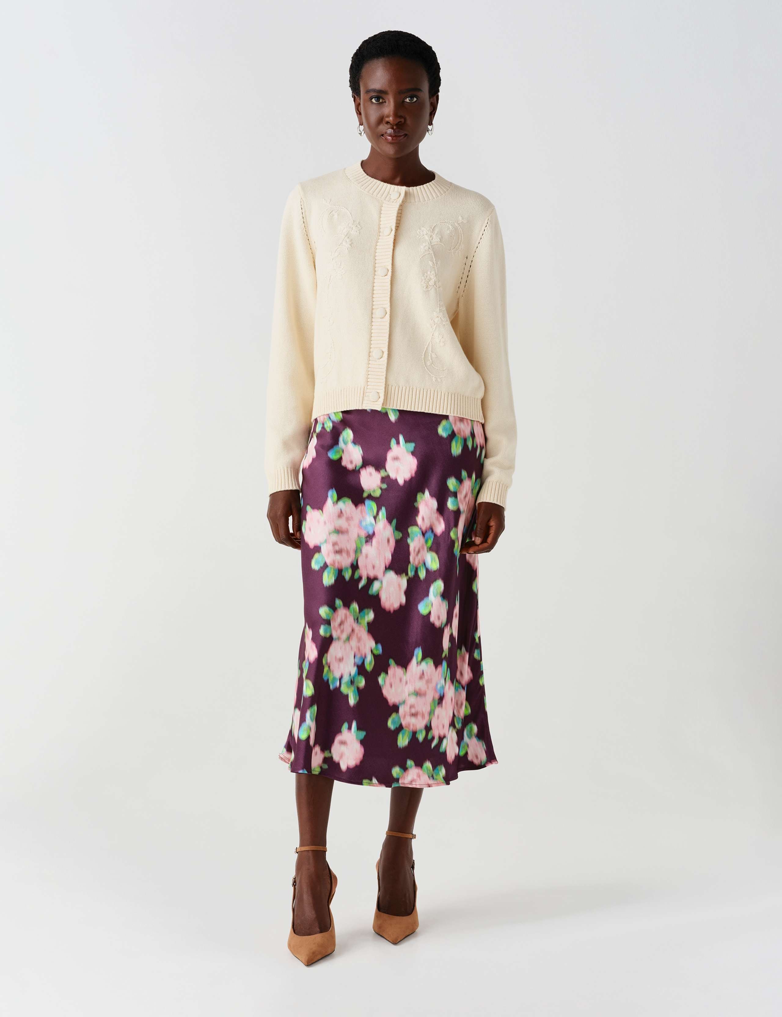 Satin Floral Midi Slip Skirt 3 of 12