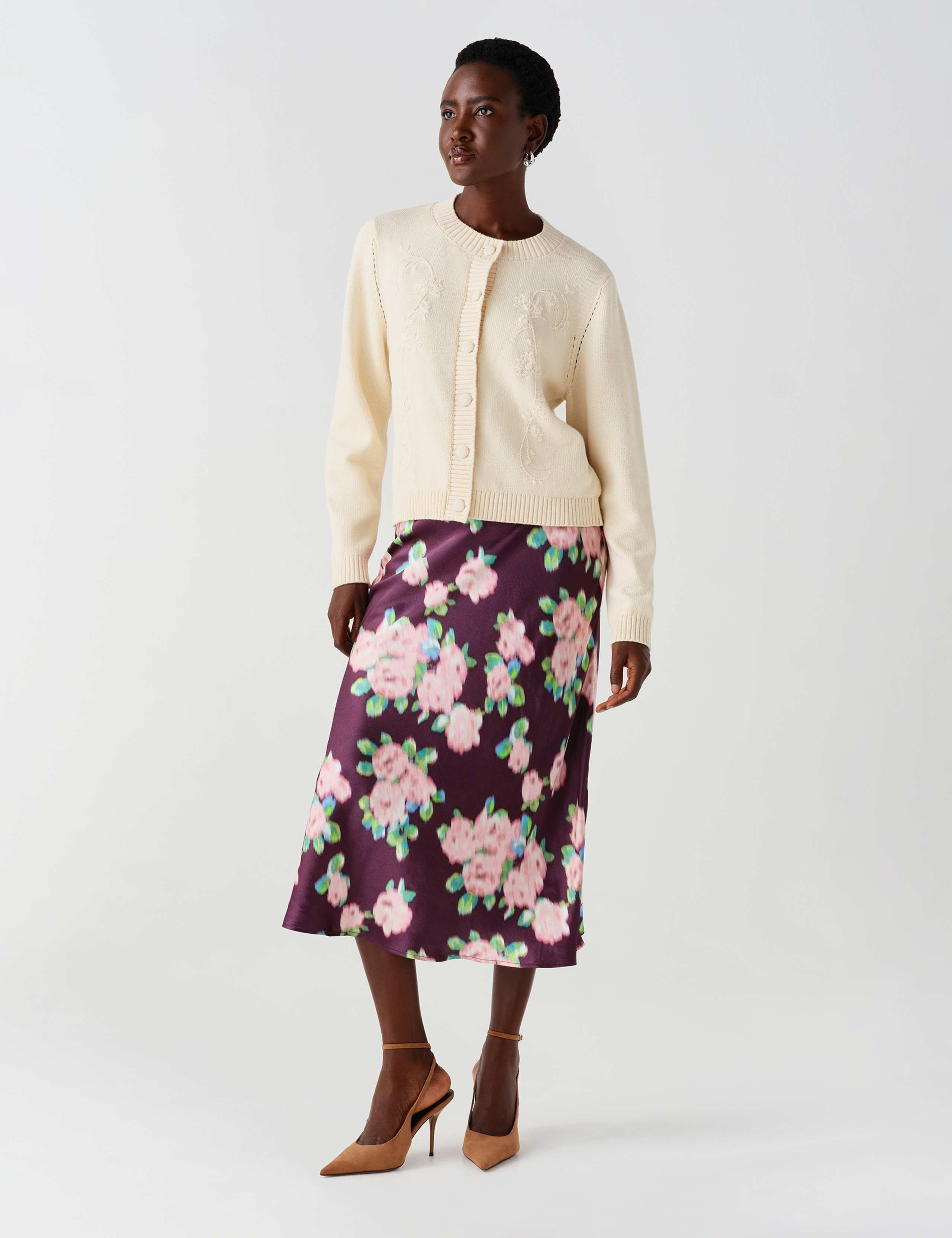 Satin Floral Midi Slip Skirt 4 of 12