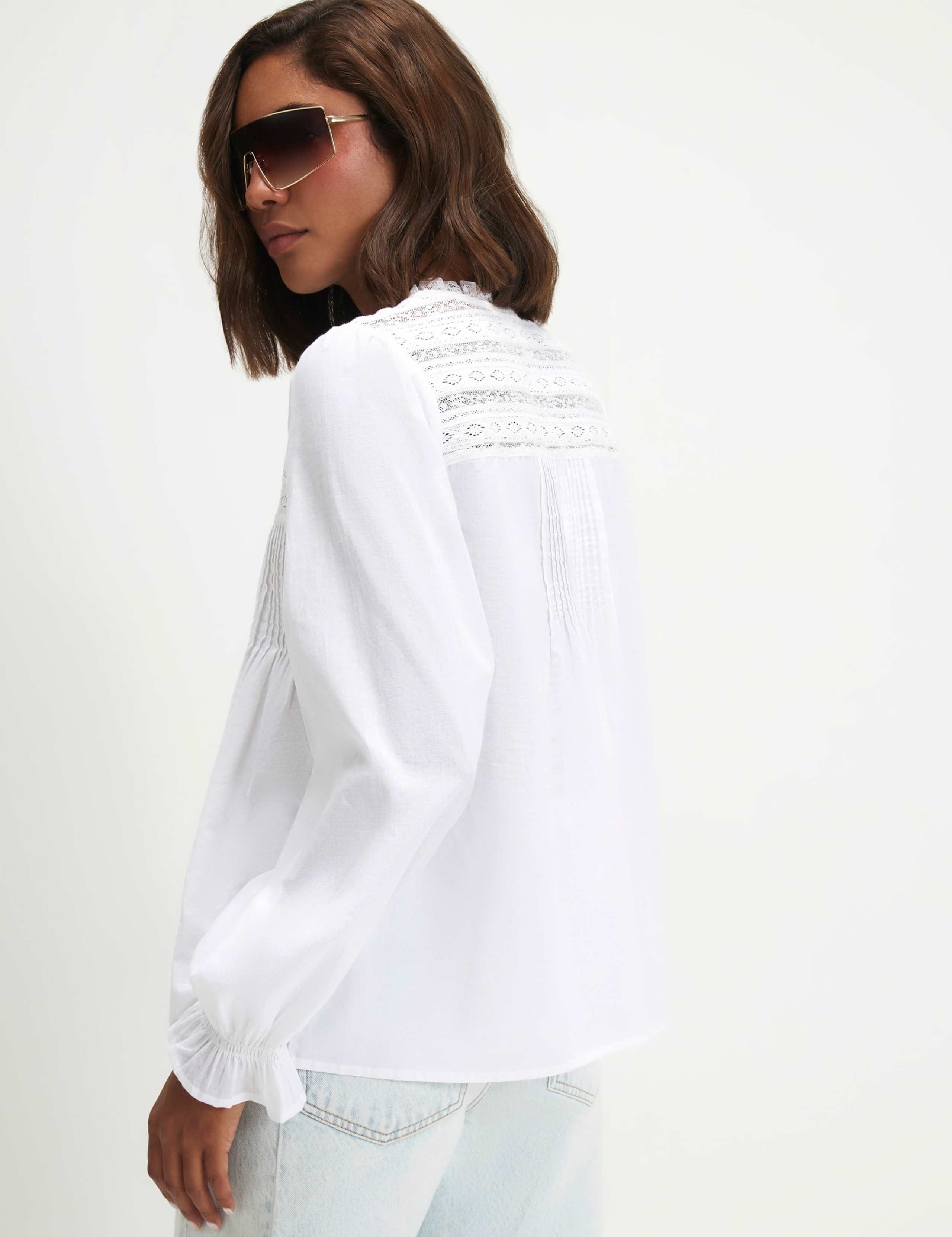 Pure Cotton Lace Yoke Tie Neck Blouse 2 of 6