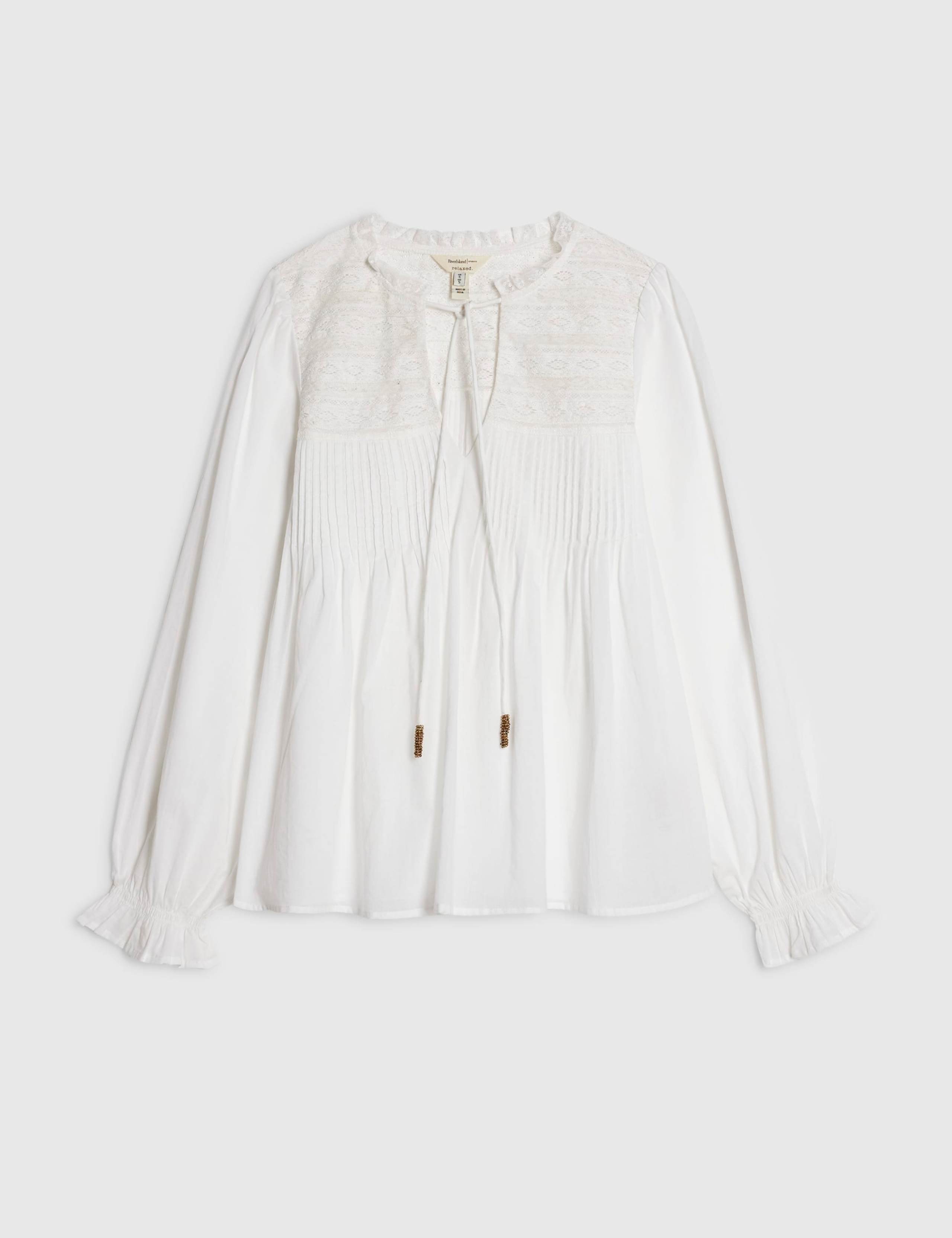 Pure Cotton Lace Yoke Tie Neck Blouse 6 of 6