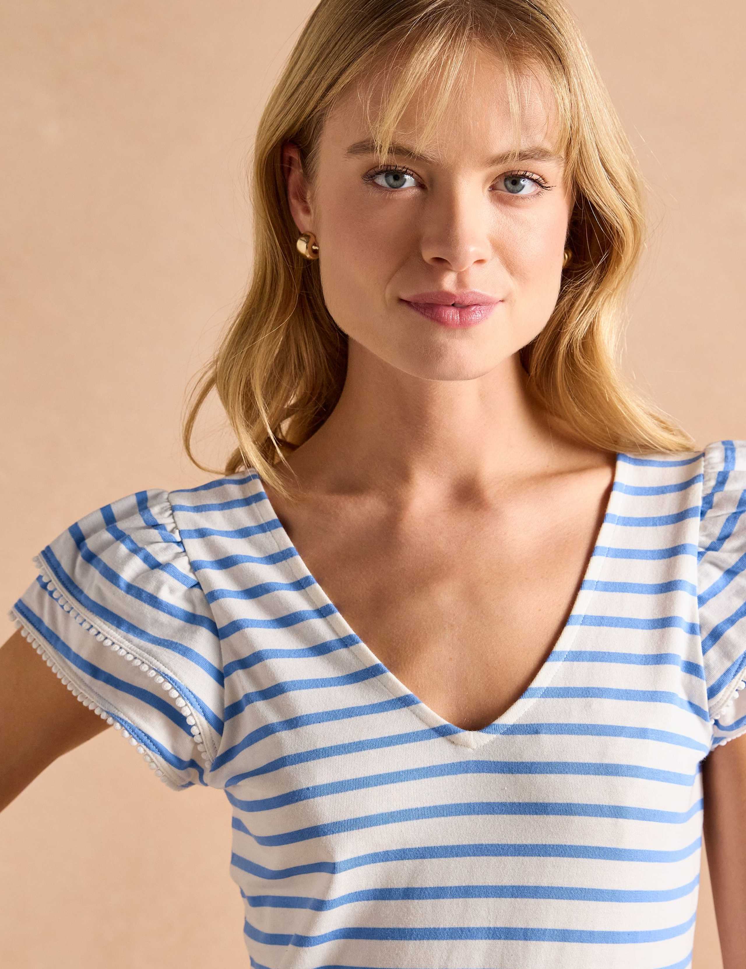 Pure Cotton Striped V-Neck Frill Sleeve Top 8 of 8