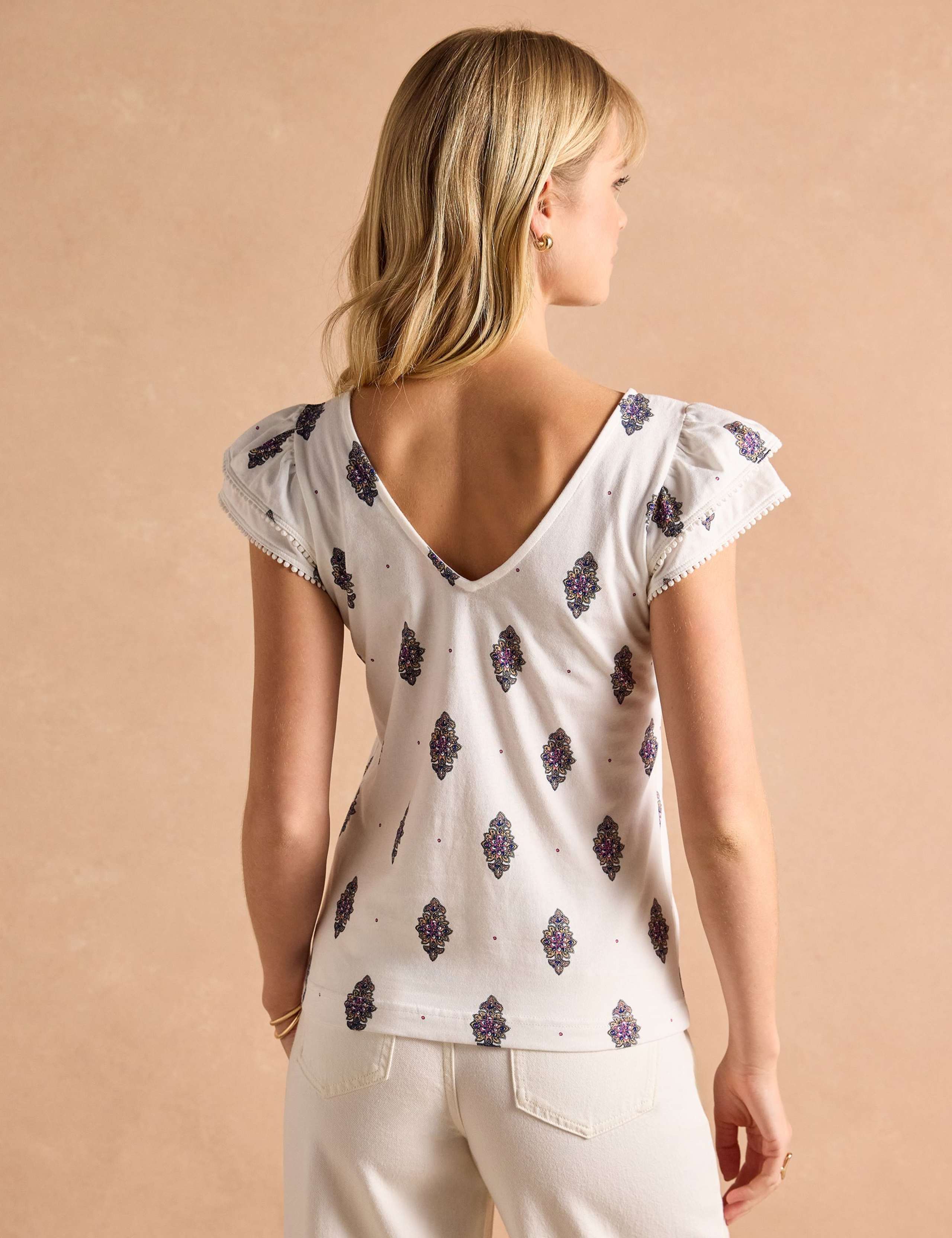 Pure Cotton Printed V-Neck Frill Detail Top 4 of 8
