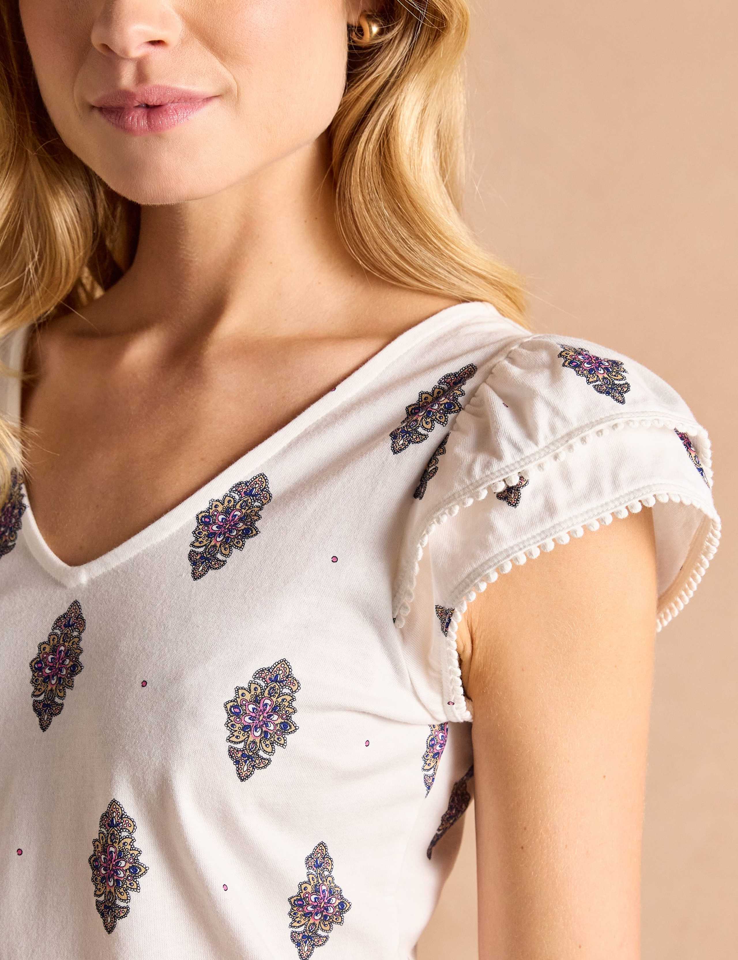 Pure Cotton Printed V-Neck Frill Detail Top 7 of 8