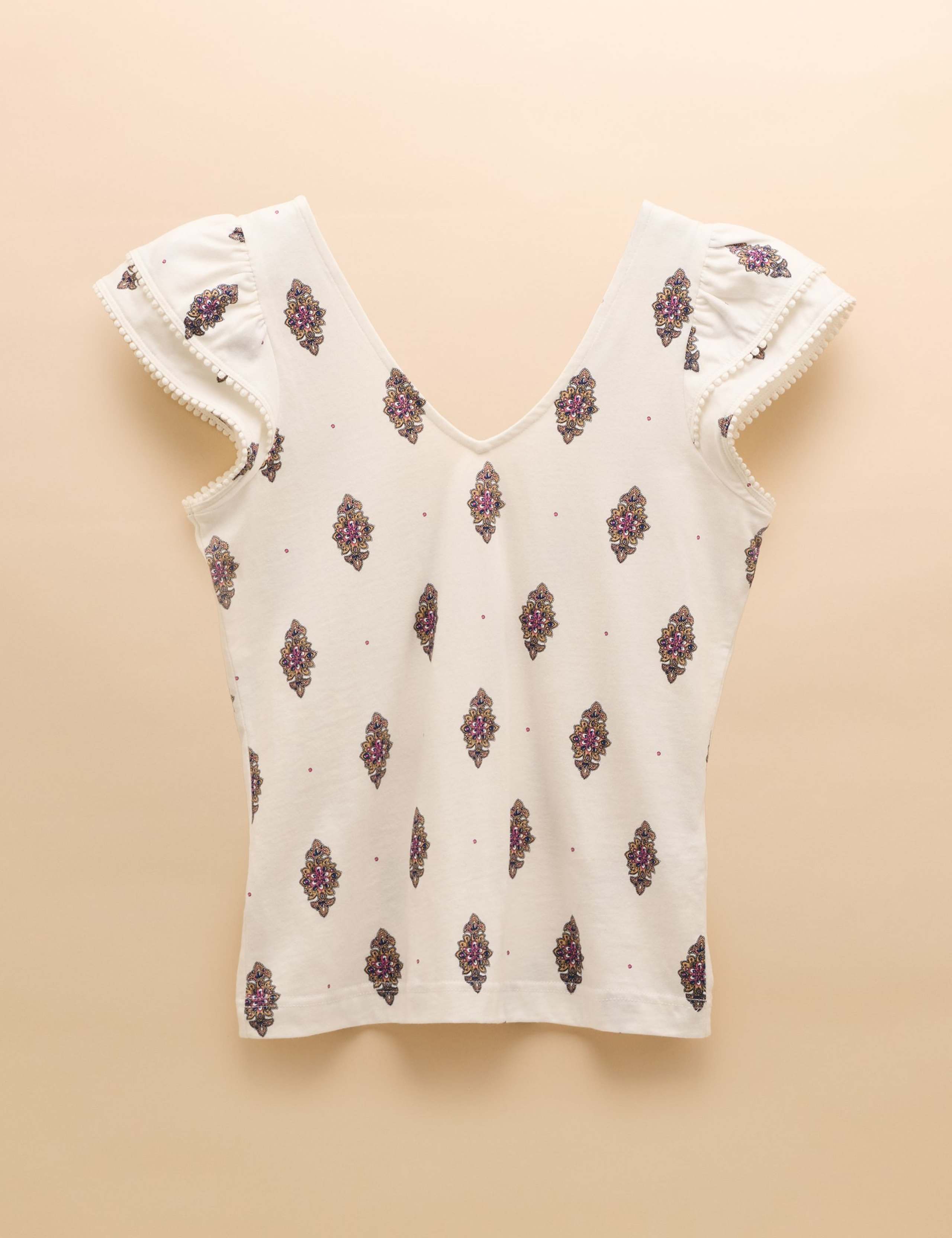 Pure Cotton Printed V-Neck Frill Detail Top 2 of 8