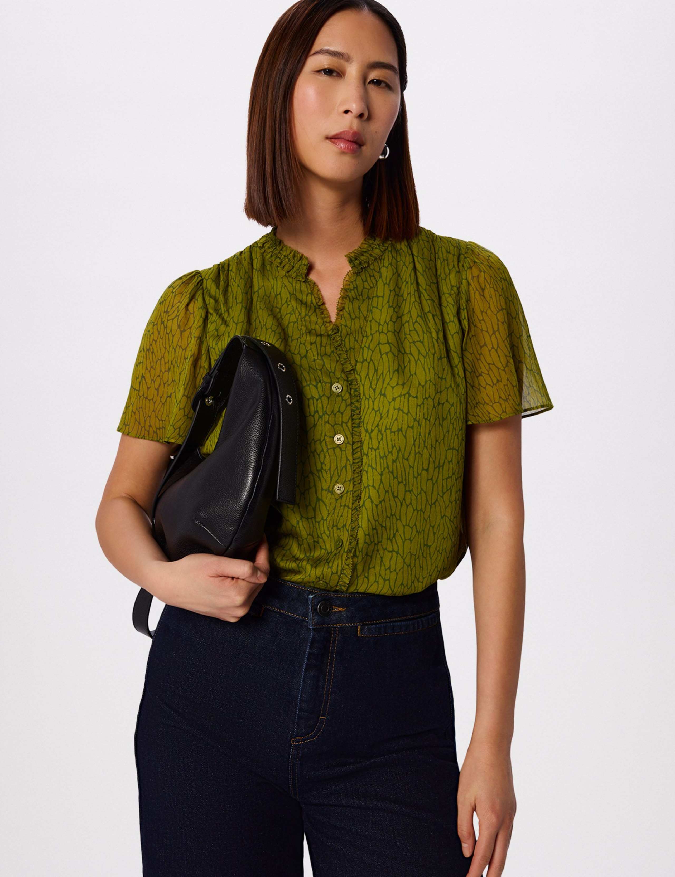Dragonfly Print V-Neck Ruffle Collar Blouse 1 of 6
