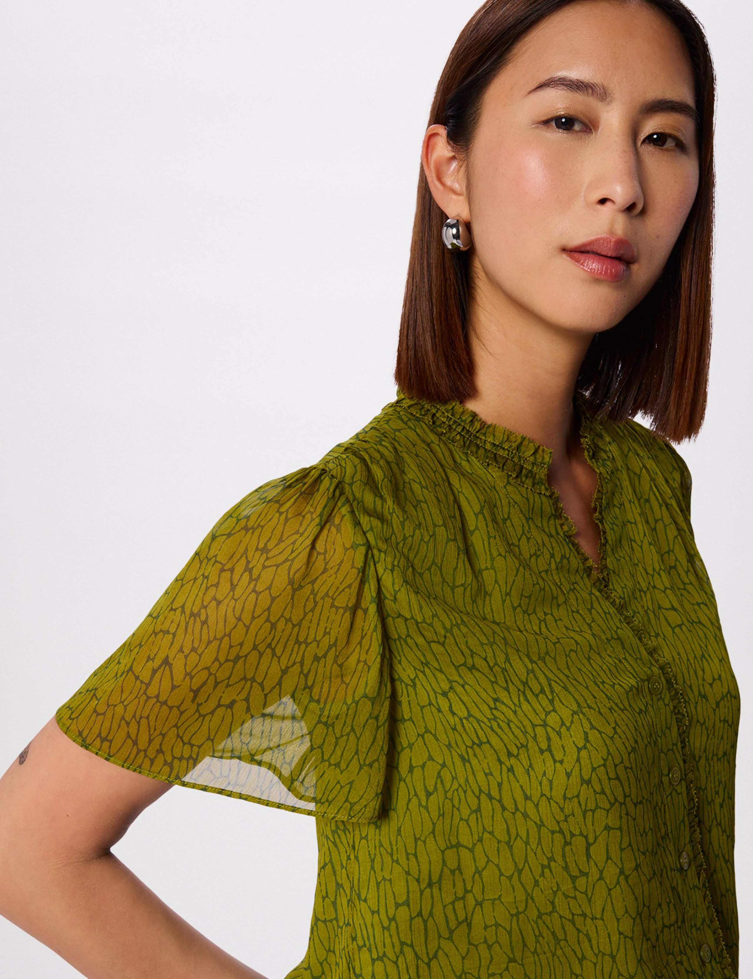 Dragonfly Print V-Neck Ruffle Collar Blouse 5 of 6