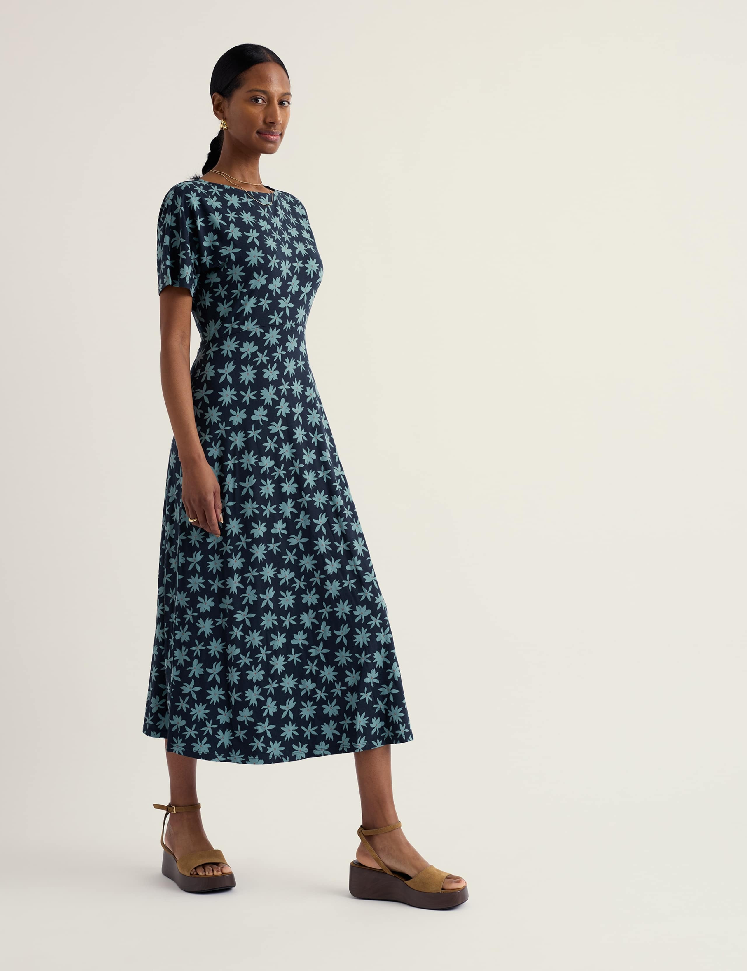 Cotton Rich Floral Midi Skater Dress 1 of 5