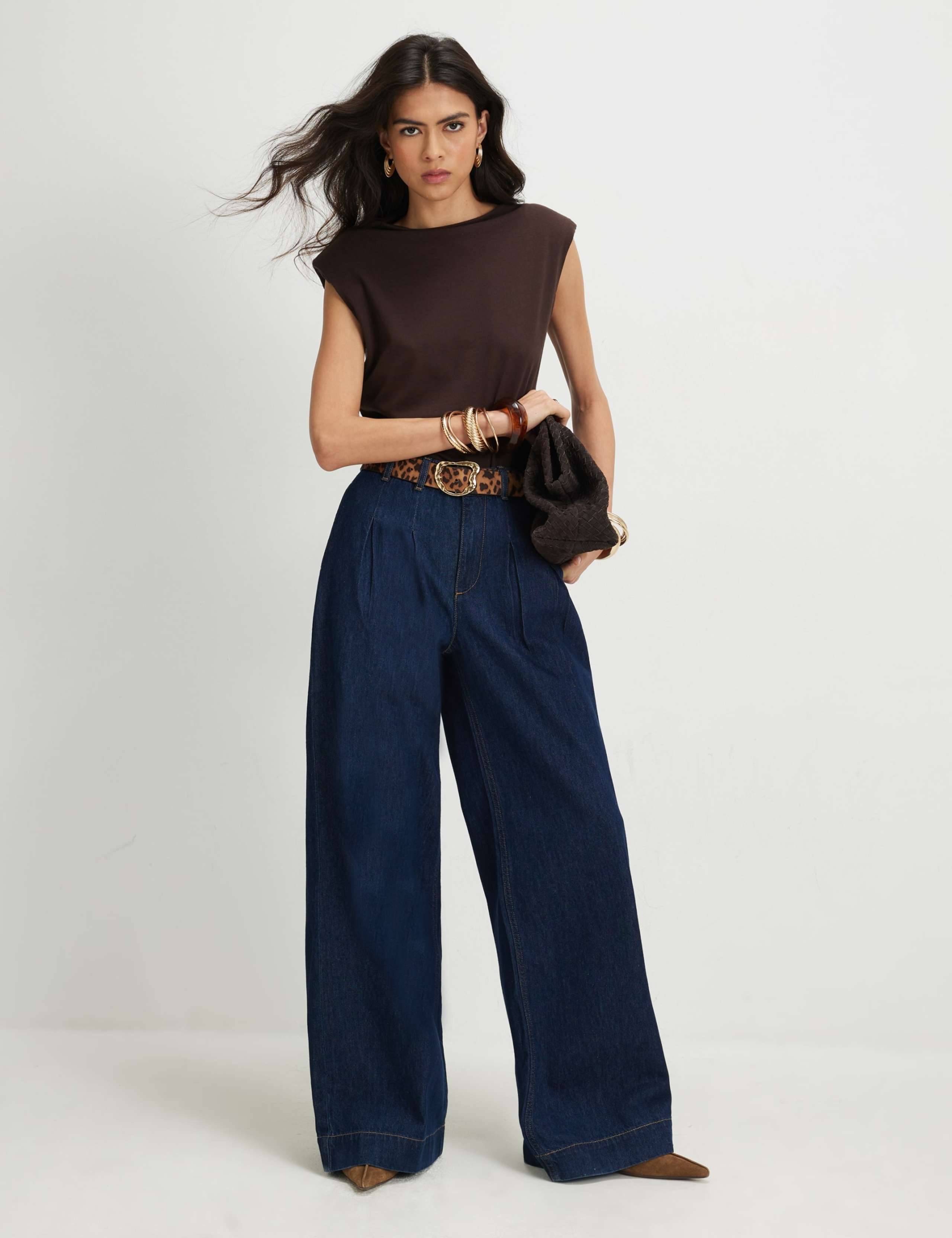 Mid Rise Pleated Belted Wide Leg Jeans 1 of 5