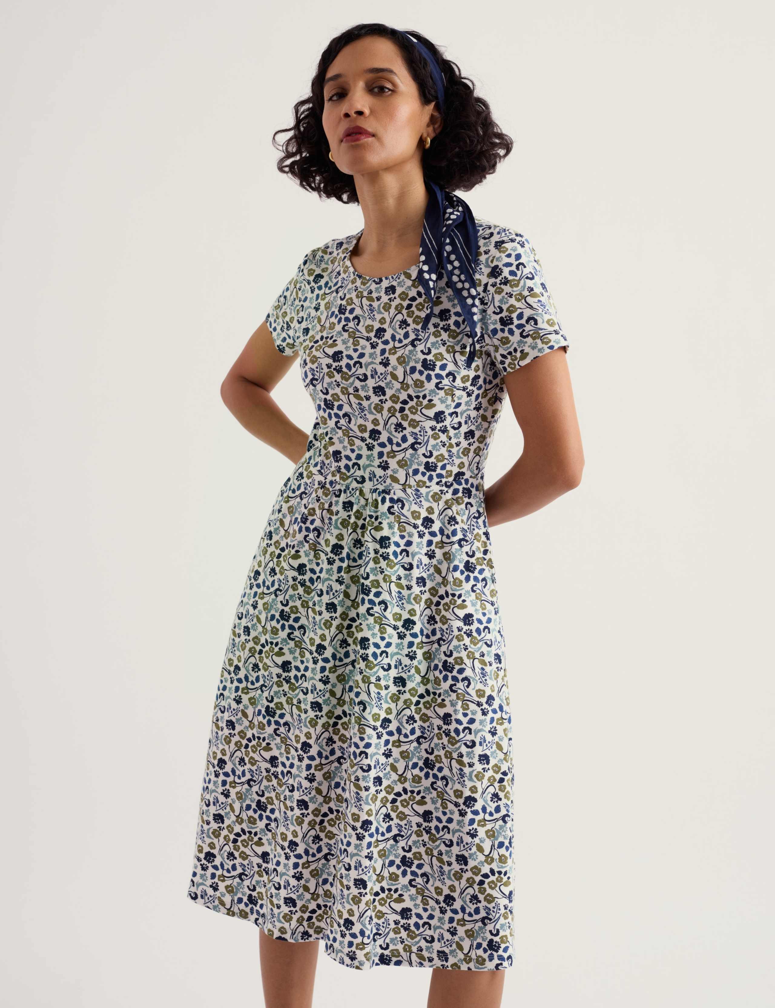 Cotton Rich Floral Knee Length Skater Dress QT 1 of 5