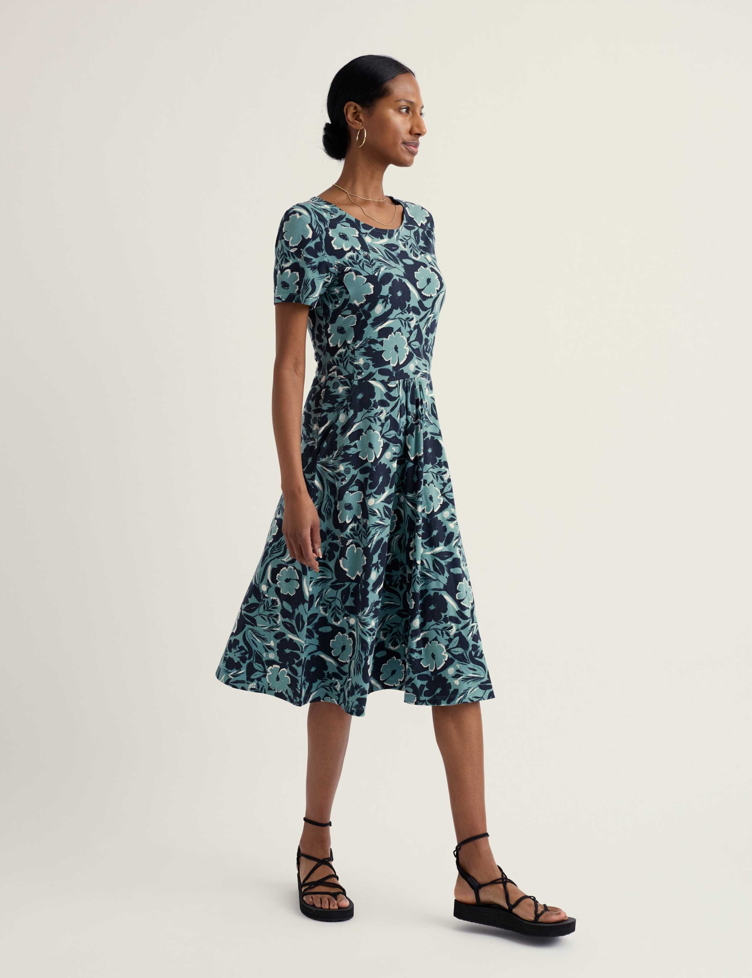Cotton Rich Floral Midi Waisted Dress 1 of 4