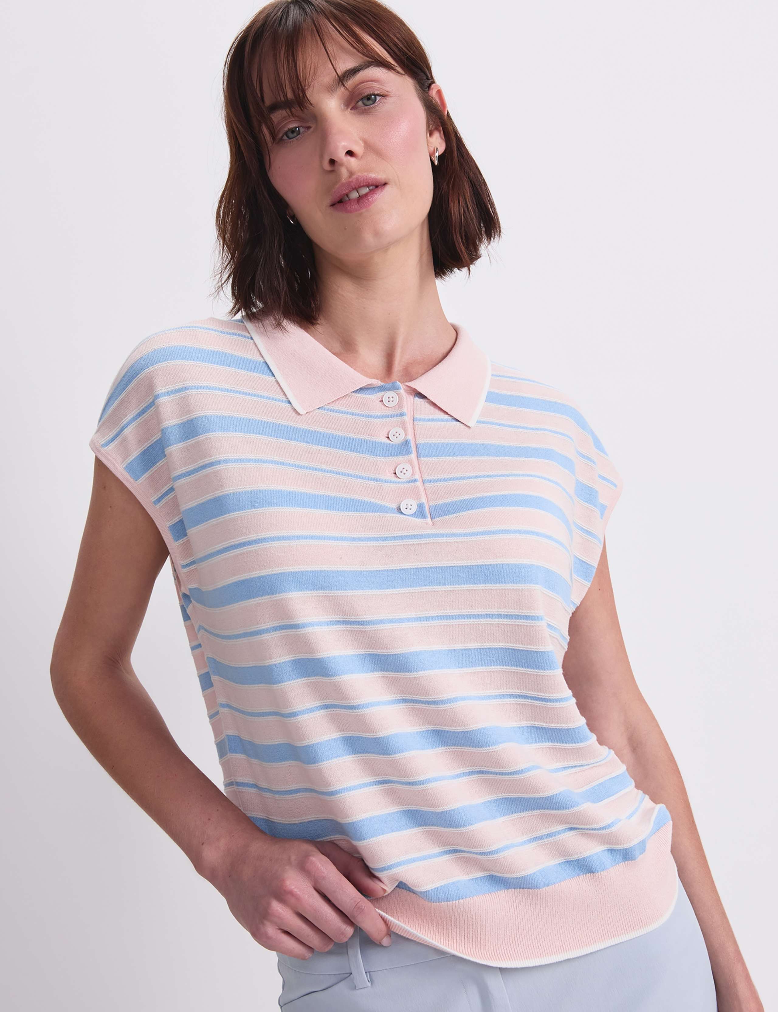 Silk Rich Knitted Striped Polo Shirt 1 of 6